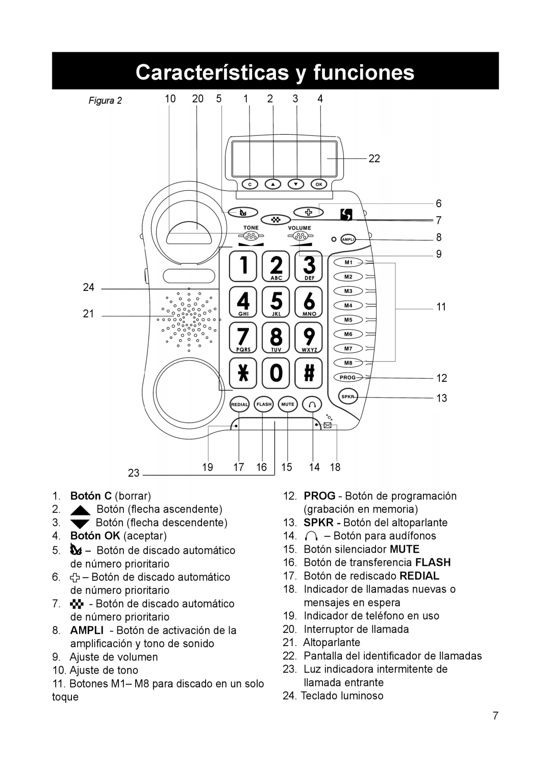 ClearSounds CSC50 user manual Características y funciones, Botón OK aceptar 