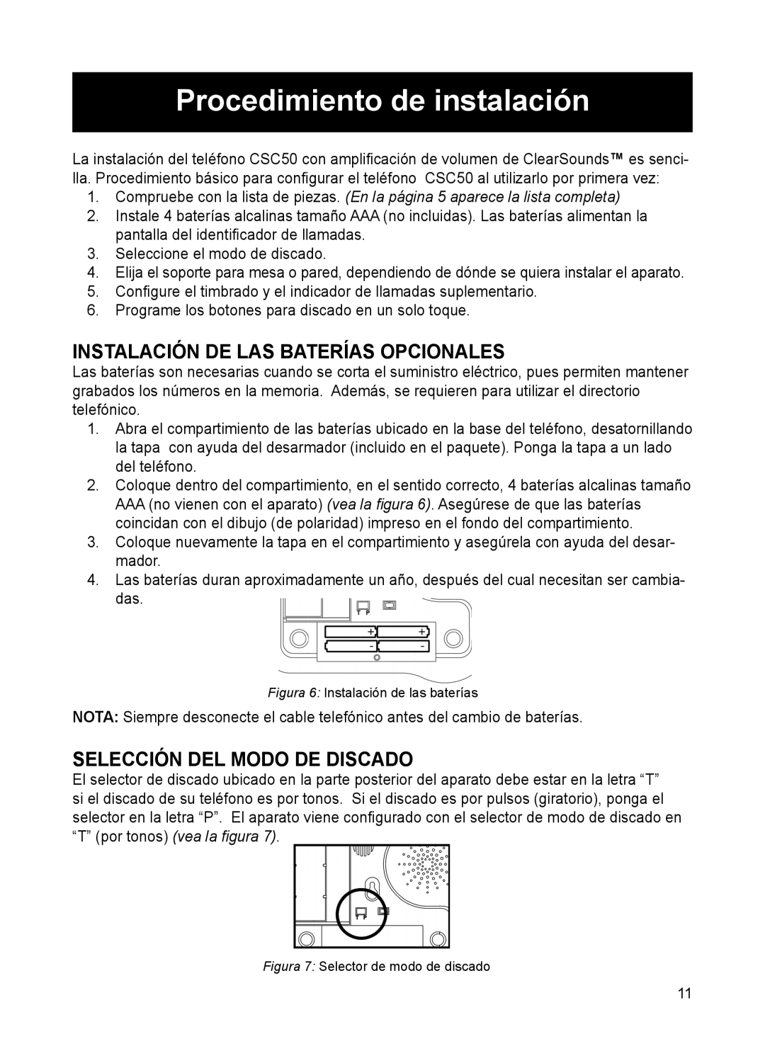 ClearSounds CSC50 Procedimiento de instalación, Instalación DE LAS Baterías Opcionales, Selección DEL Modo DE Discado 