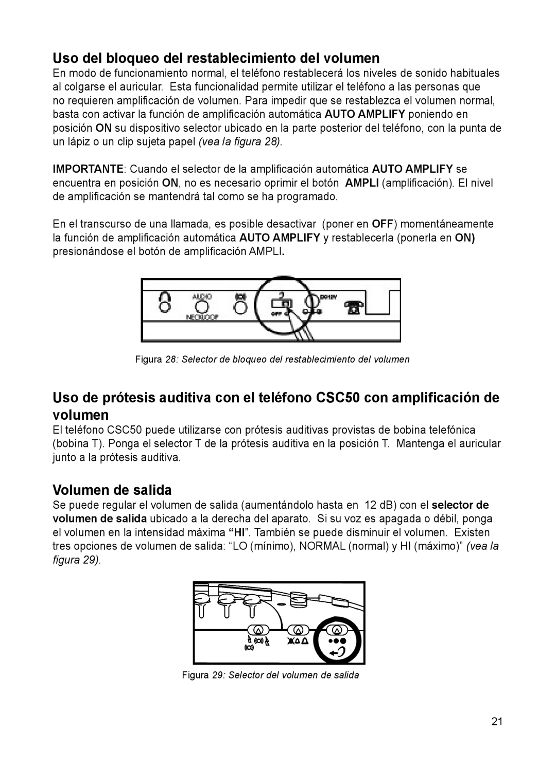 ClearSounds CSC50 user manual Uso del bloqueo del restablecimiento del volumen, Volumen de salida 