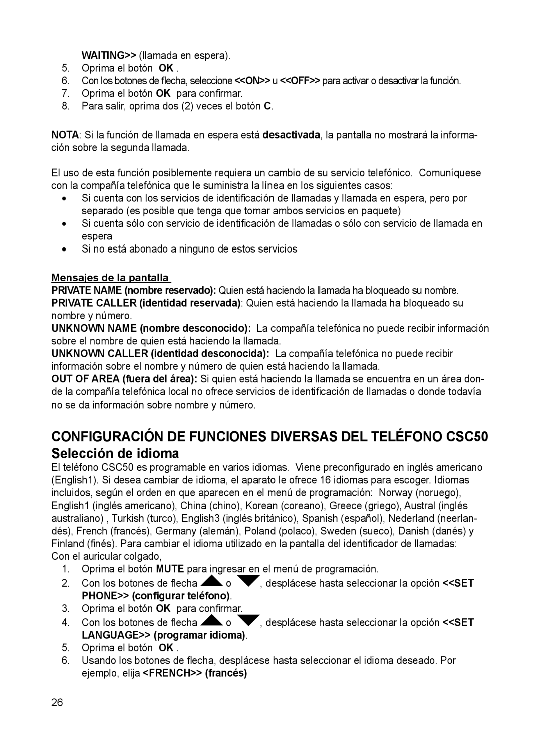 ClearSounds CSC50 user manual Mensajes de la pantalla, Phone conﬁgurar teléfono, Language programar idioma 