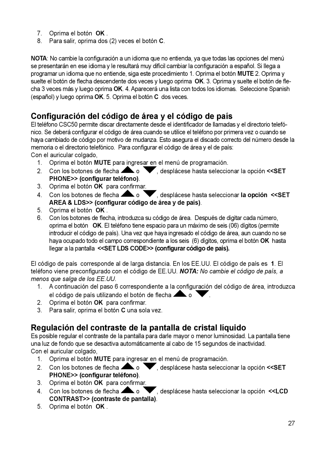 ClearSounds CSC50 Conﬁguración del código de área y el código de país, Area & LDS conﬁgurar código de área y de país 