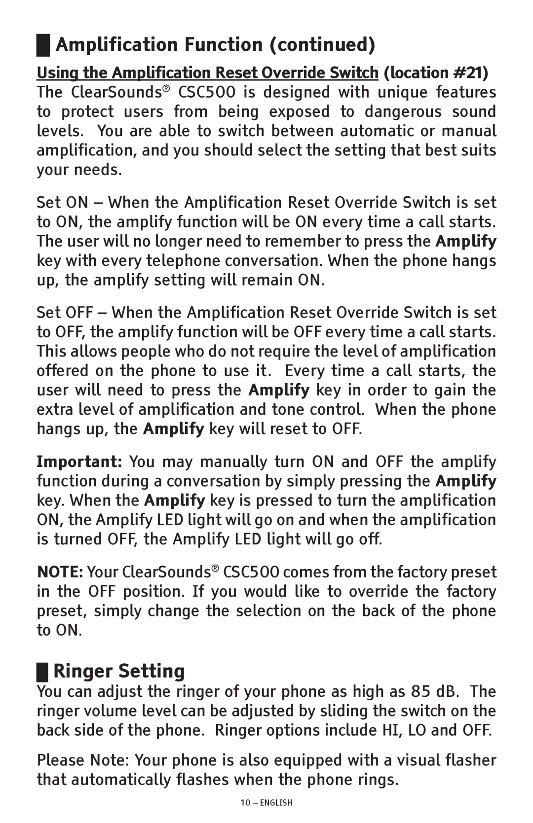 ClearSounds CSC500 manual Amplification Function, Ringer Setting 