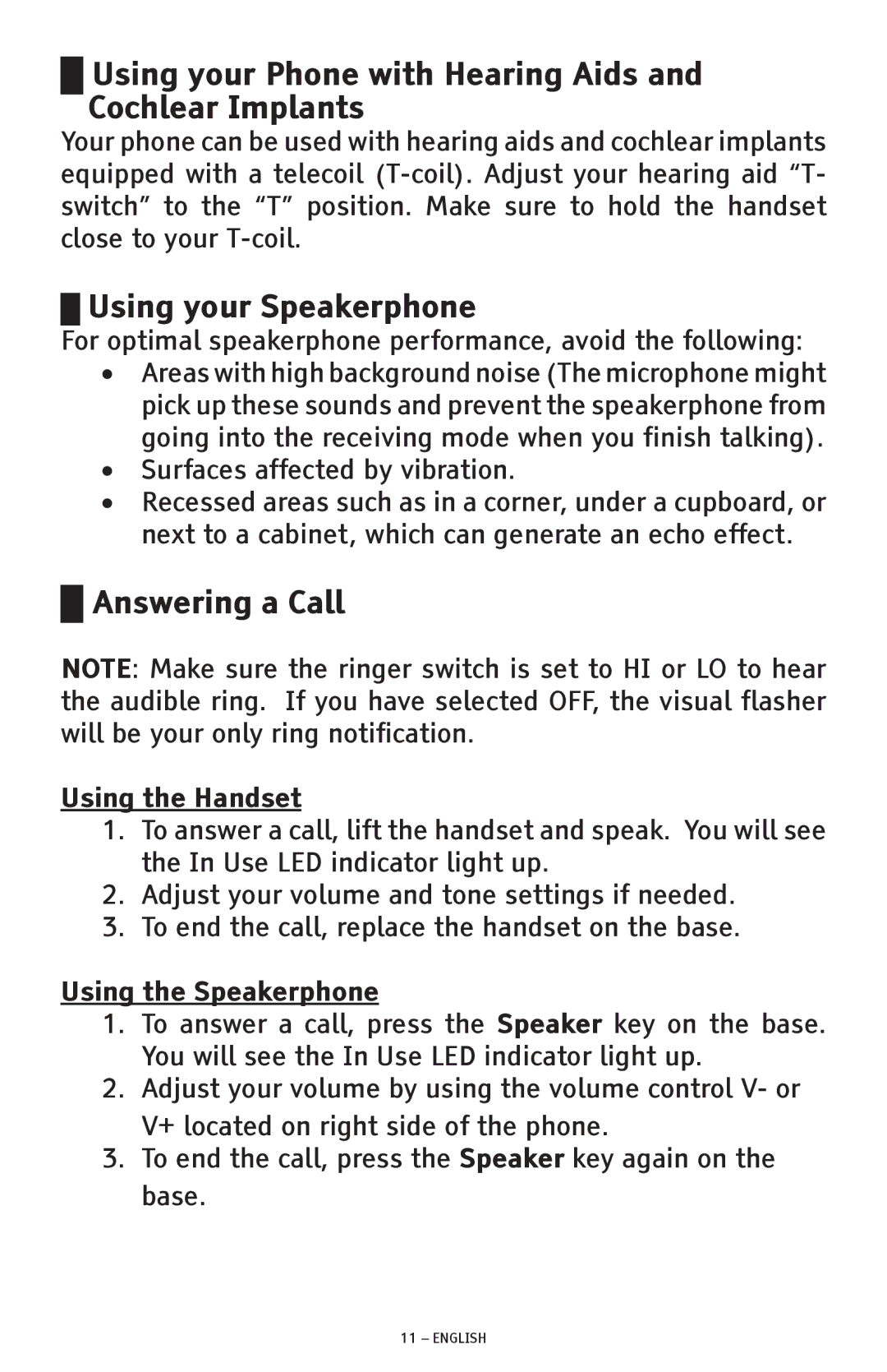 ClearSounds CSC500 manual Using your Phone with Hearing Aids Cochlear Implants, Using your Speakerphone, Answering a Call 