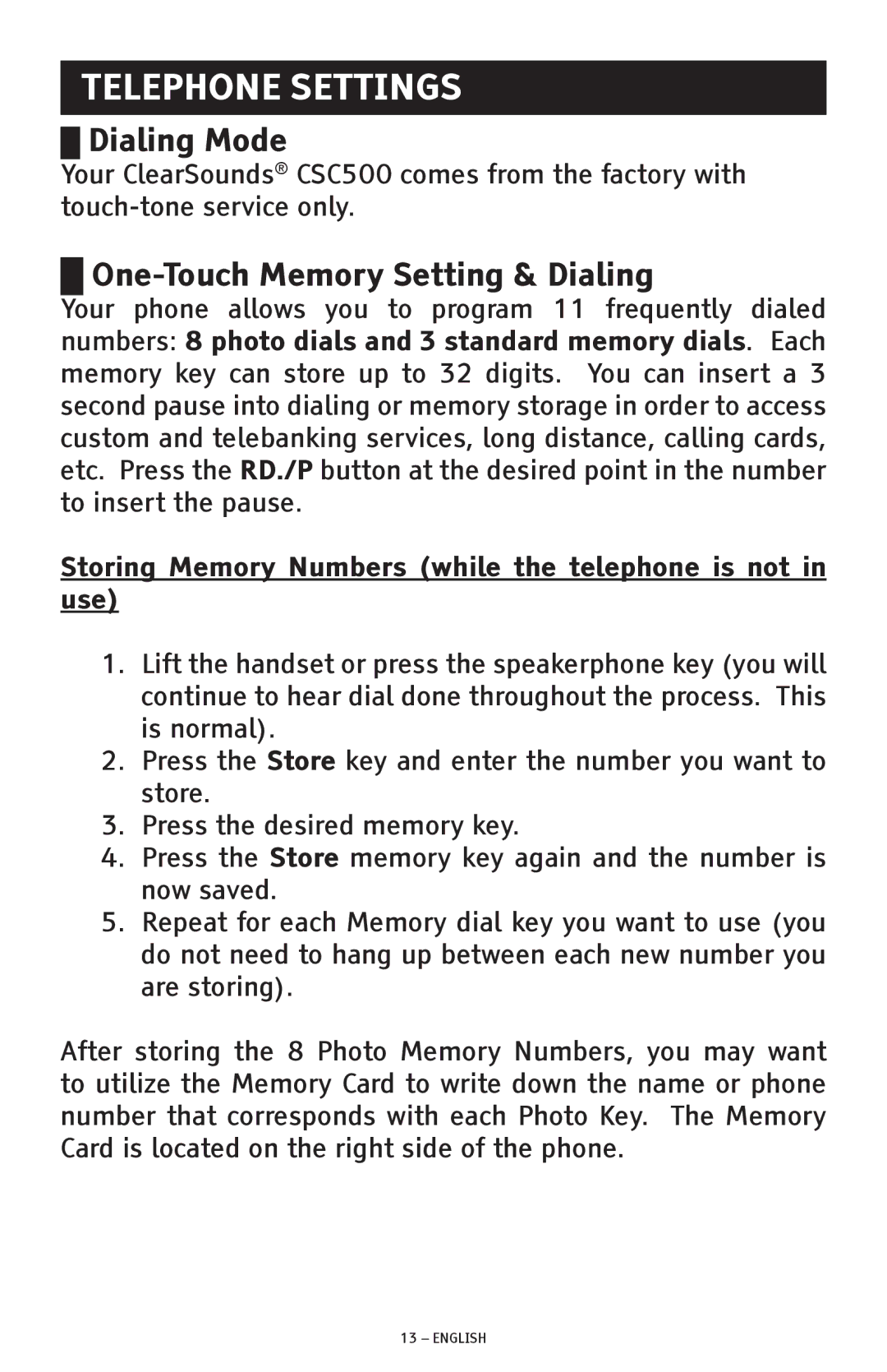 ClearSounds CSC500 manual Telephone Settings, Dialing Mode, One-Touch Memory Setting & Dialing 