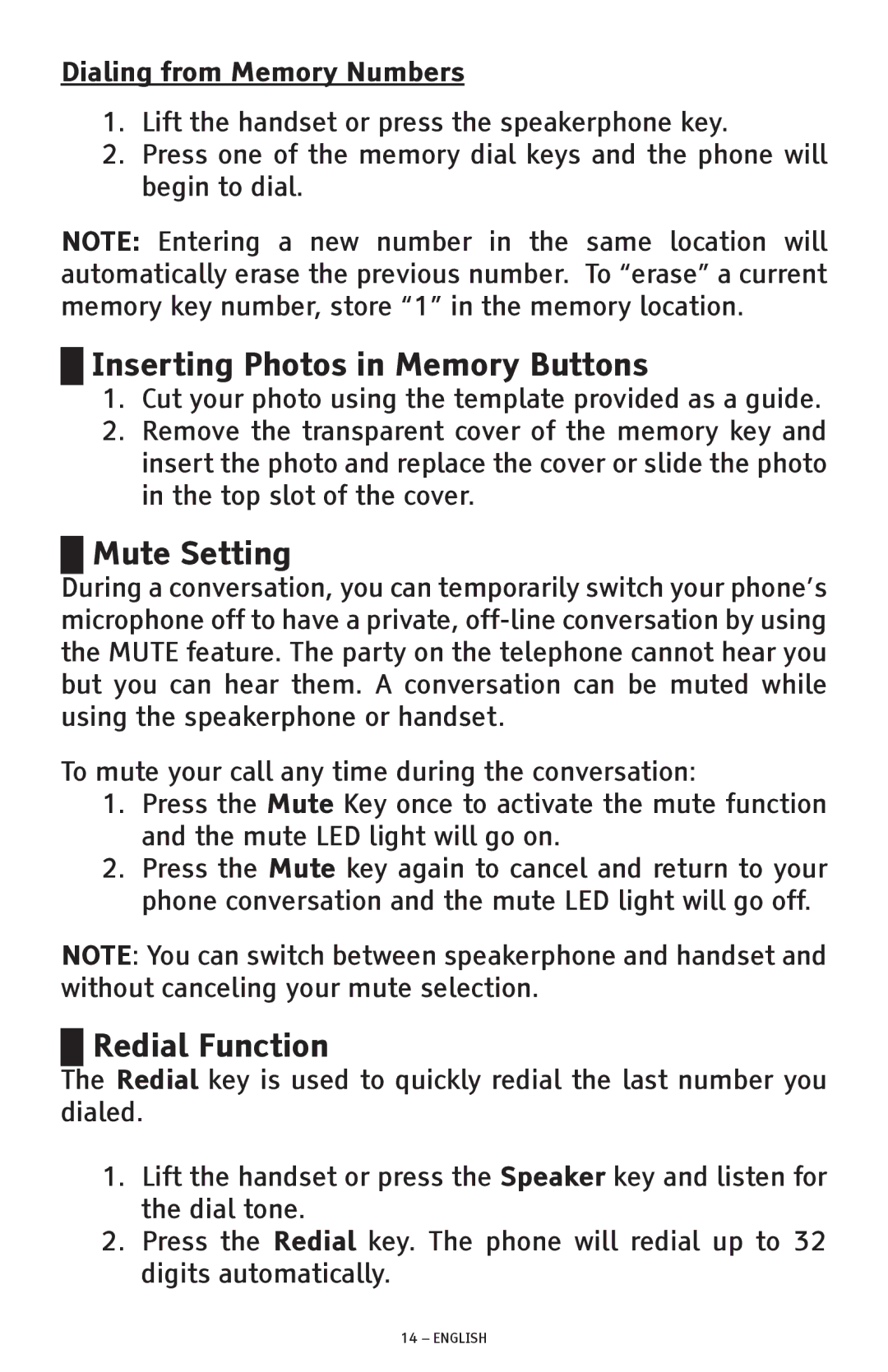 ClearSounds CSC500 manual Inserting Photos in Memory Buttons, Mute Setting, Redial Function, Dialing from Memory Numbers 