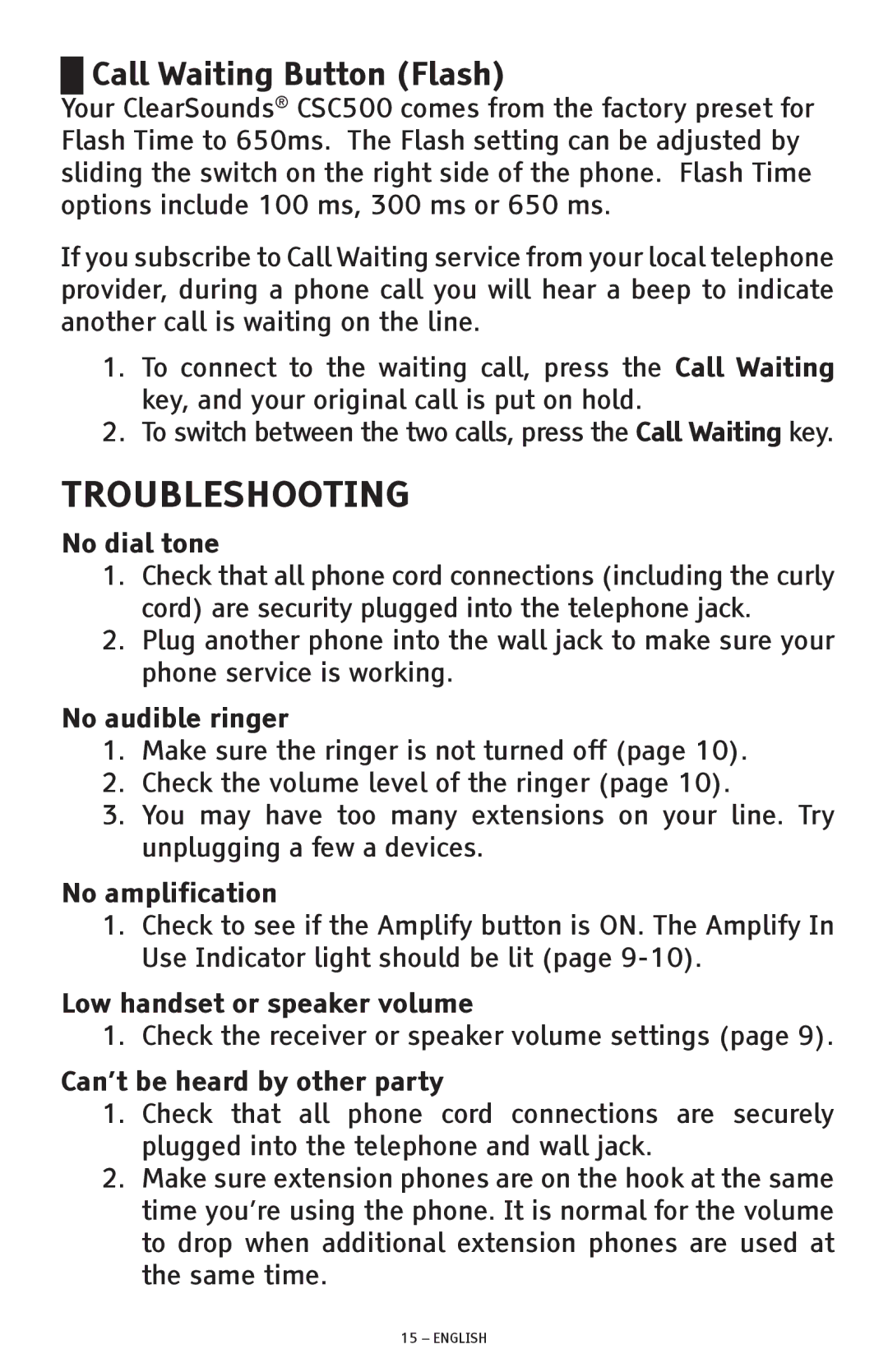 ClearSounds CSC500 manual Call Waiting Button Flash 