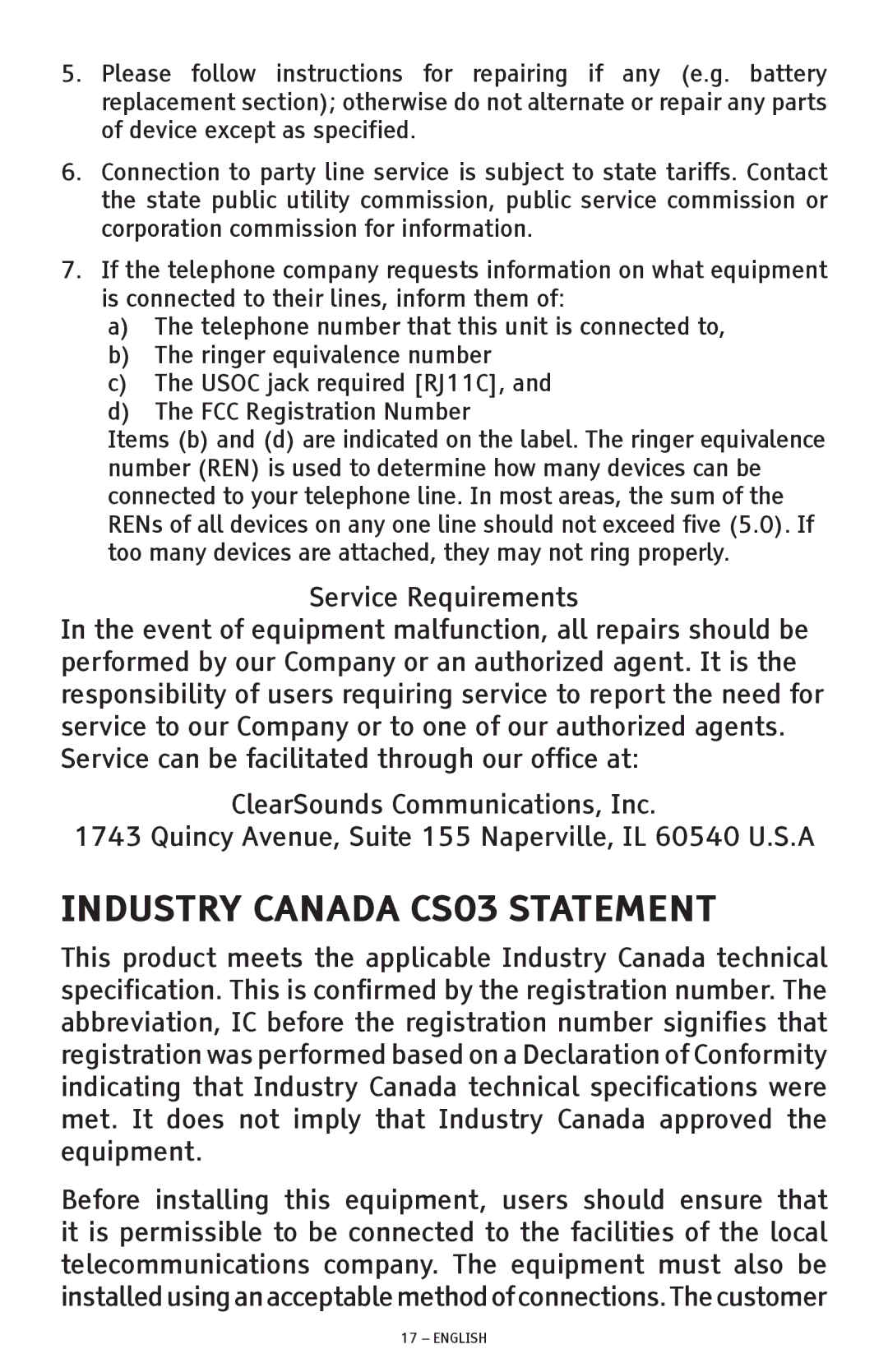 ClearSounds CSC500 manual Industry Canada CS03 Statement 