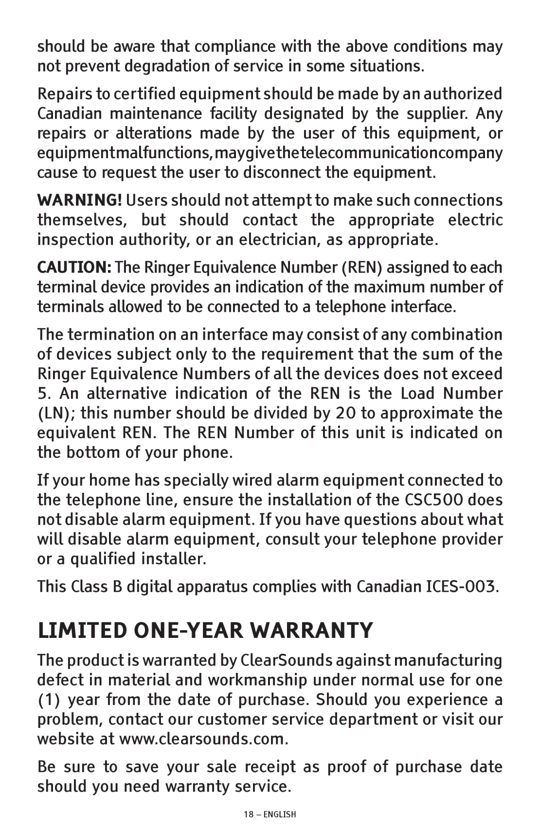 ClearSounds CSC500 manual Limited ONE-YEAR Warranty 