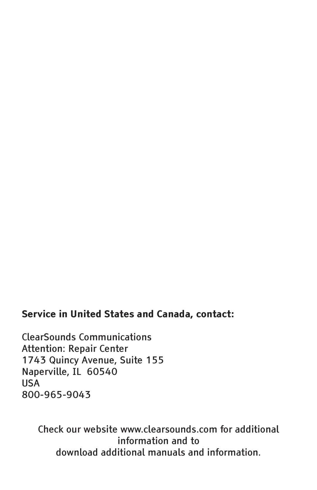 ClearSounds CSC500 manual Service in United States and Canada, contact, Usa 