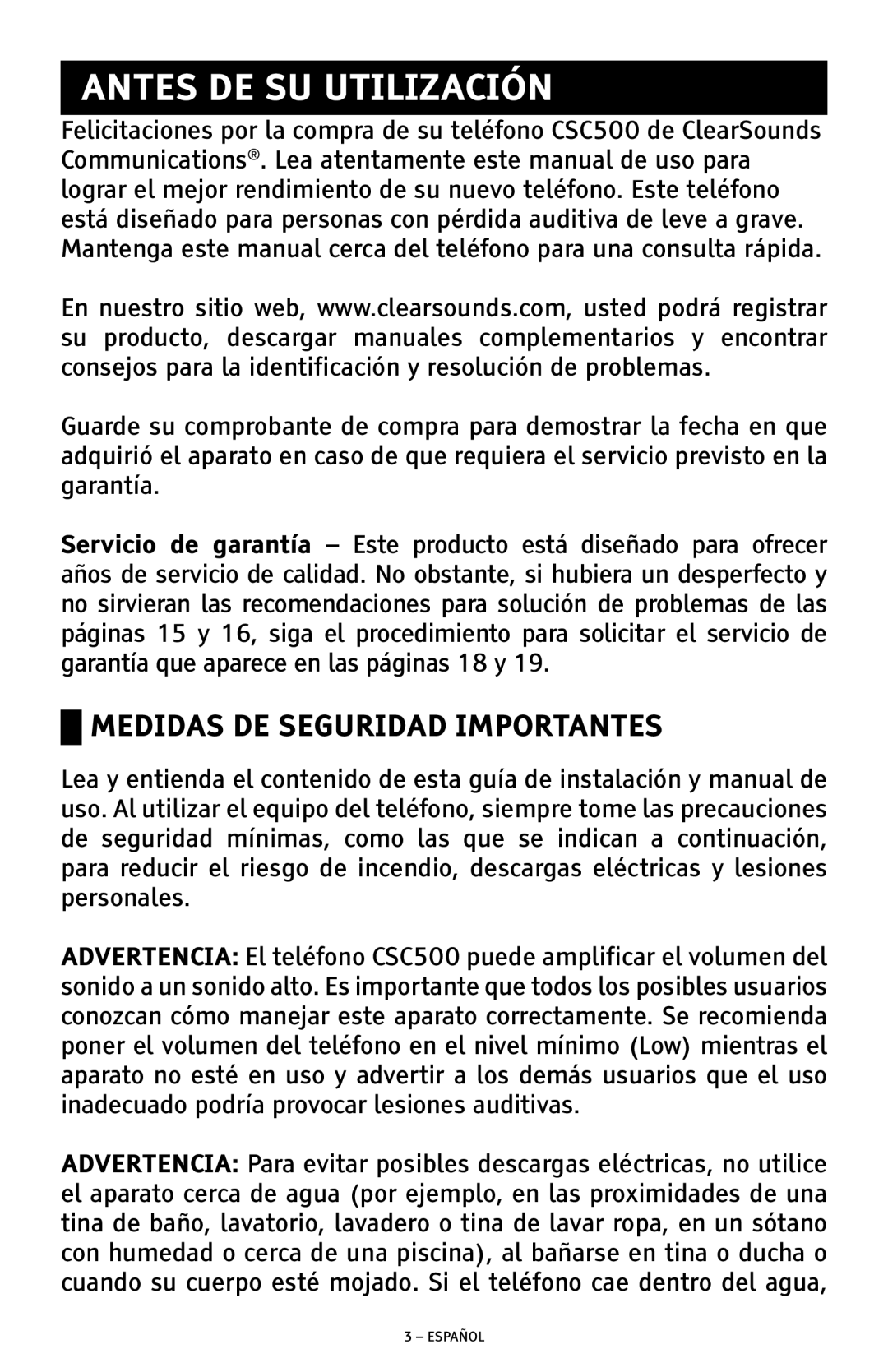 ClearSounds CSC500 manual Antes DE SU Utilización, Medidas DE Seguridad Importantes 