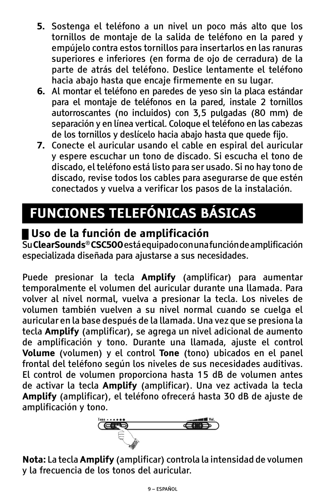 ClearSounds CSC500 manual Funciones Telefónicas Básicas, Uso de la función de amplificación 