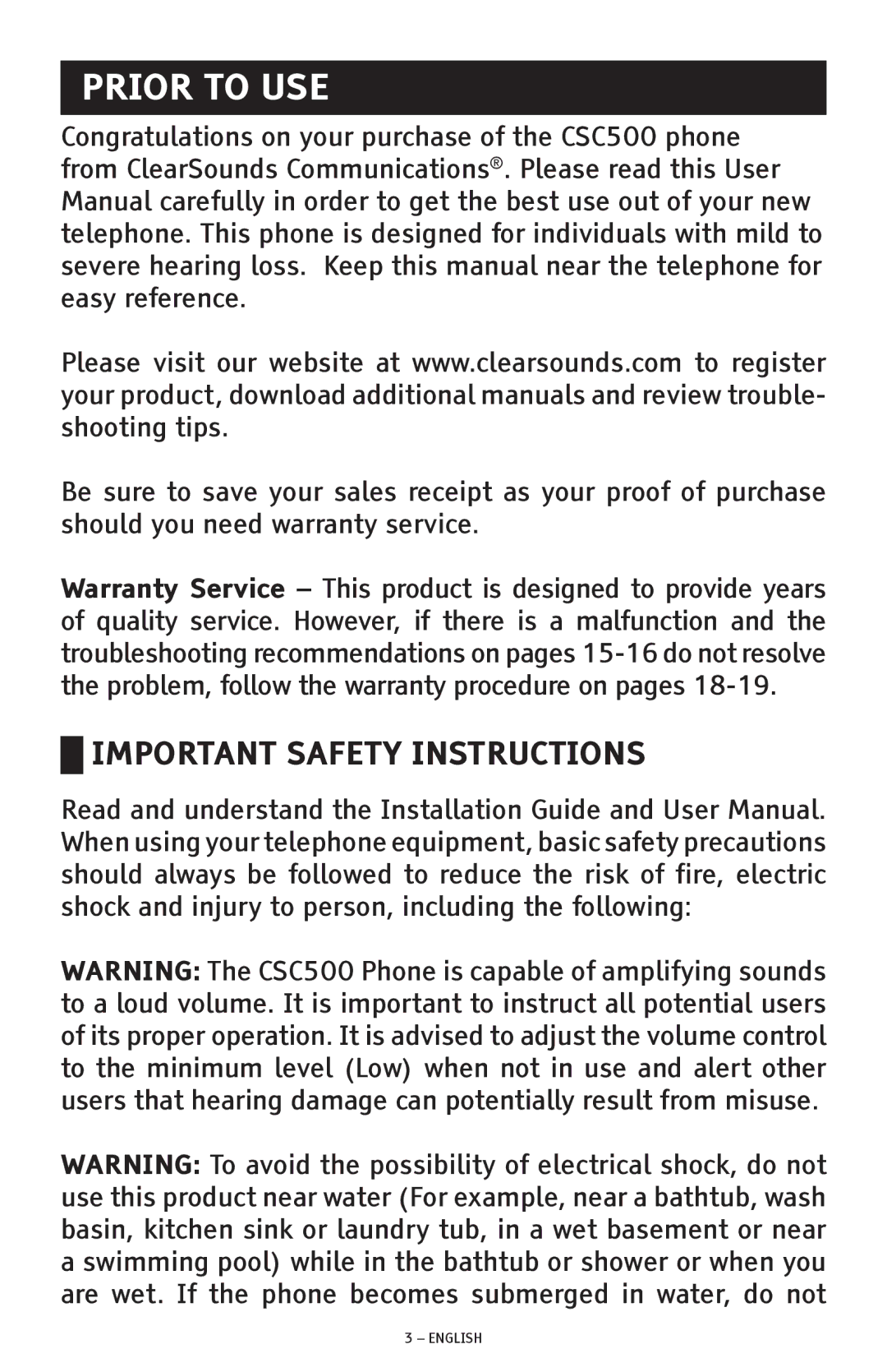 ClearSounds CSC500 manual Prior to USE, Important Safety Instructions 