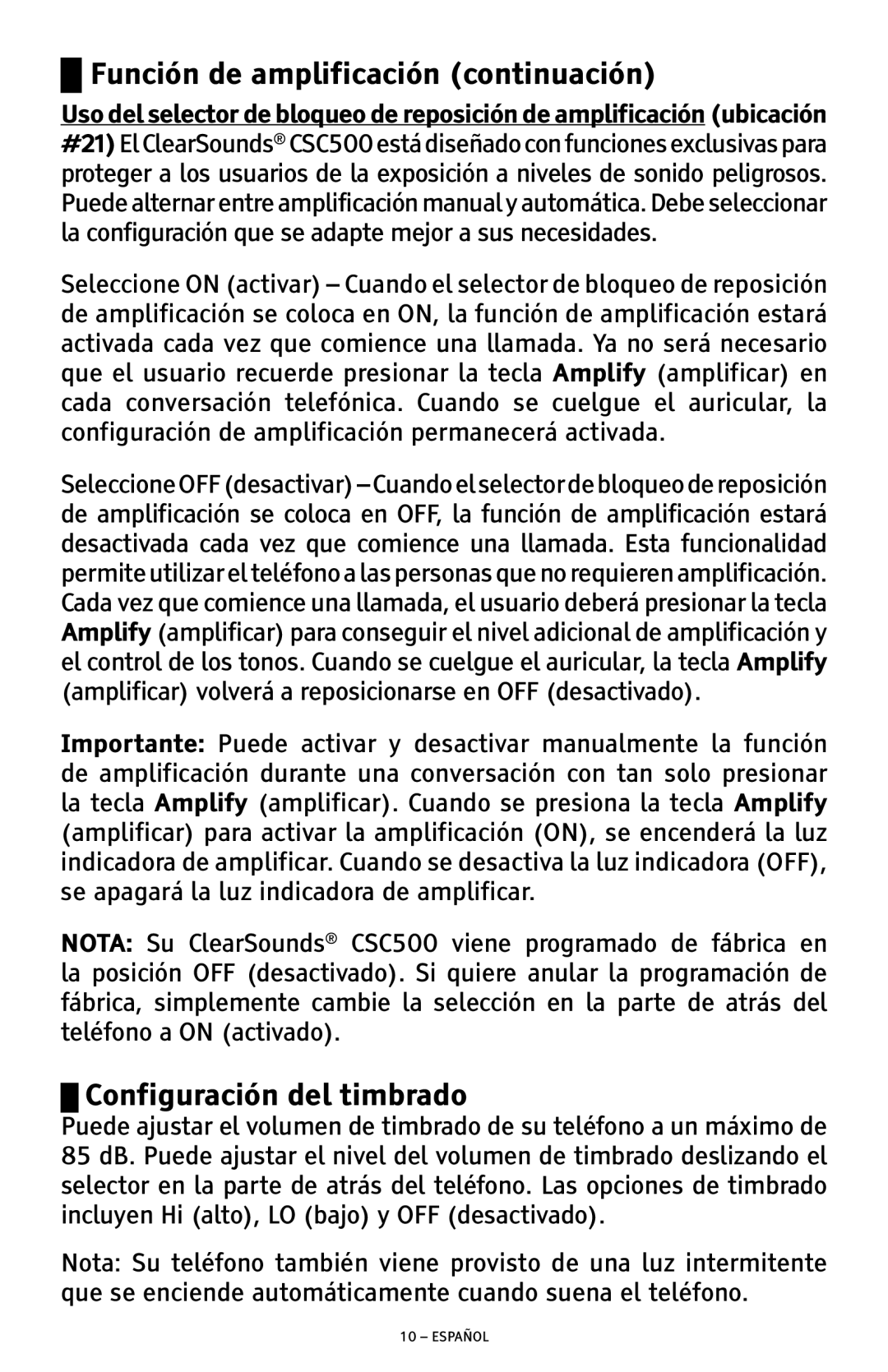 ClearSounds CSC500 manual Función de amplificación continuación, Configuración del timbrado 