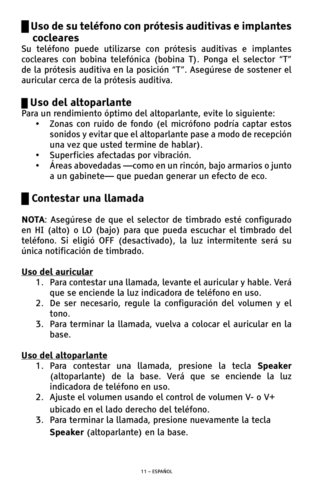 ClearSounds CSC500 manual Uso del altoparlante, Contestar una llamada, Uso del auricular 