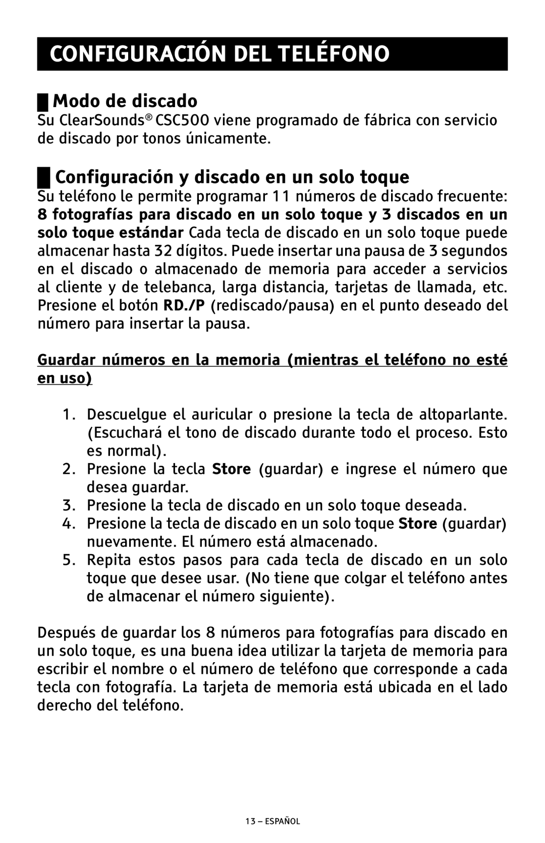 ClearSounds CSC500 manual Configuración DEL Teléfono, Modo de discado, Configuración y discado en un solo toque 