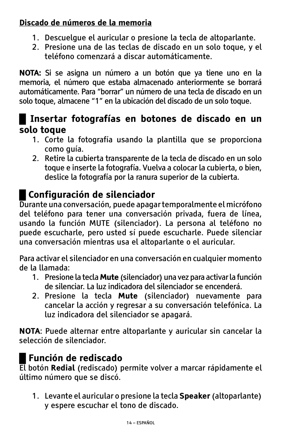 ClearSounds CSC500 manual Insertar fotografías en botones de discado en un solo toque, Configuración de silenciador 