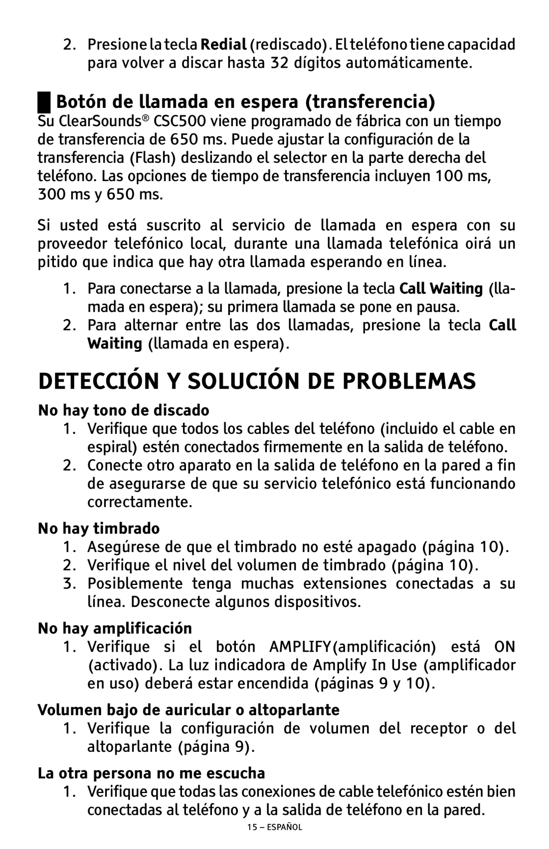 ClearSounds CSC500 manual Detección Y Solución DE Problemas, Botón de llamada en espera transferencia 