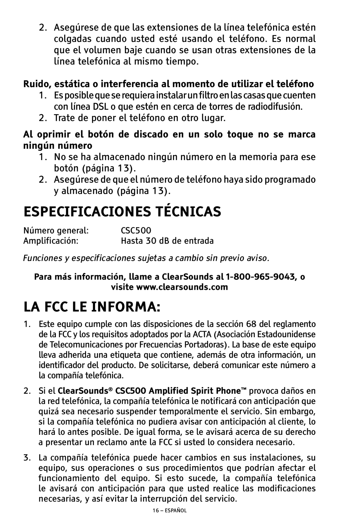 ClearSounds CSC500 manual Especificaciones Técnicas, LA FCC LE Informa 