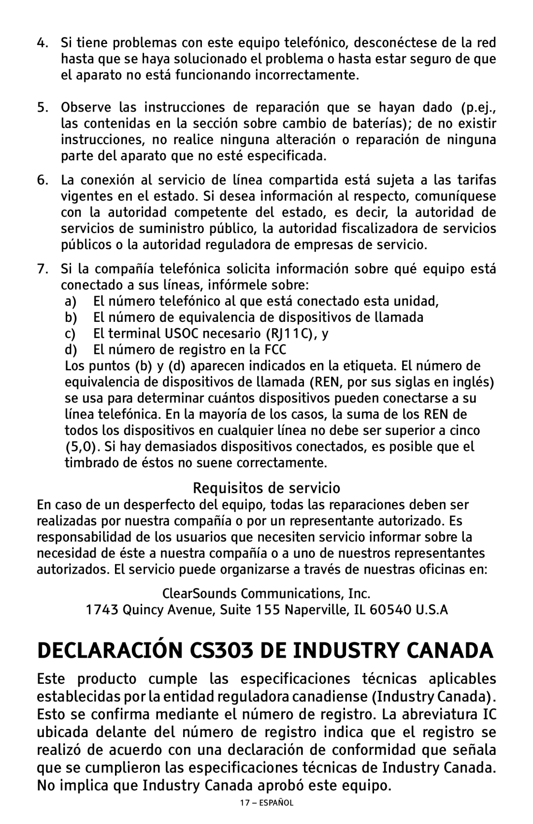 ClearSounds CSC500 manual Declaración CS303 DE Industry Canada, Requisitos de servicio 