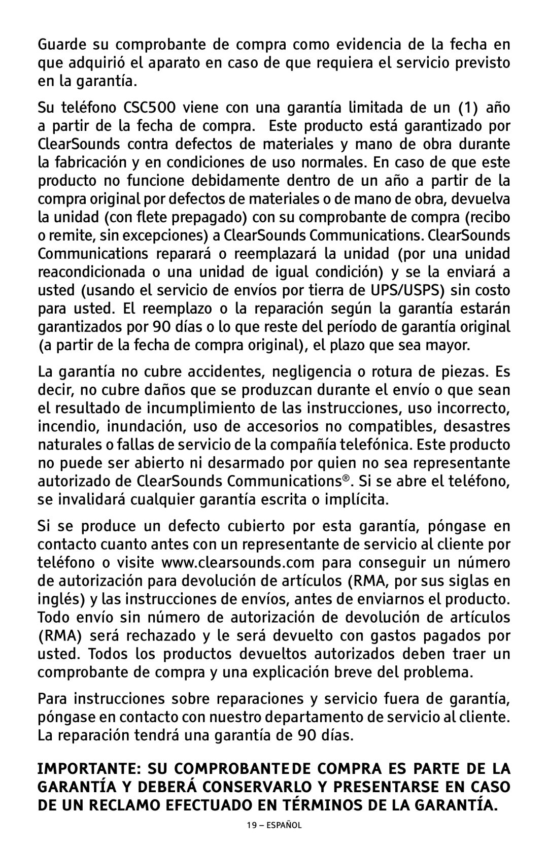 ClearSounds CSC500 manual Español 