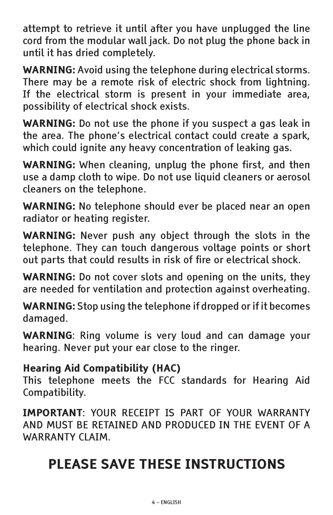 ClearSounds CSC500 manual Please Save These Instructions, Hearing Aid Compatibility HAC 