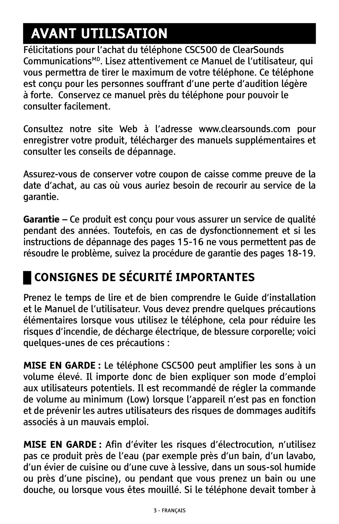 ClearSounds CSC500 manual Avant Utilisation, Consignes DE Sécurité Importantes 