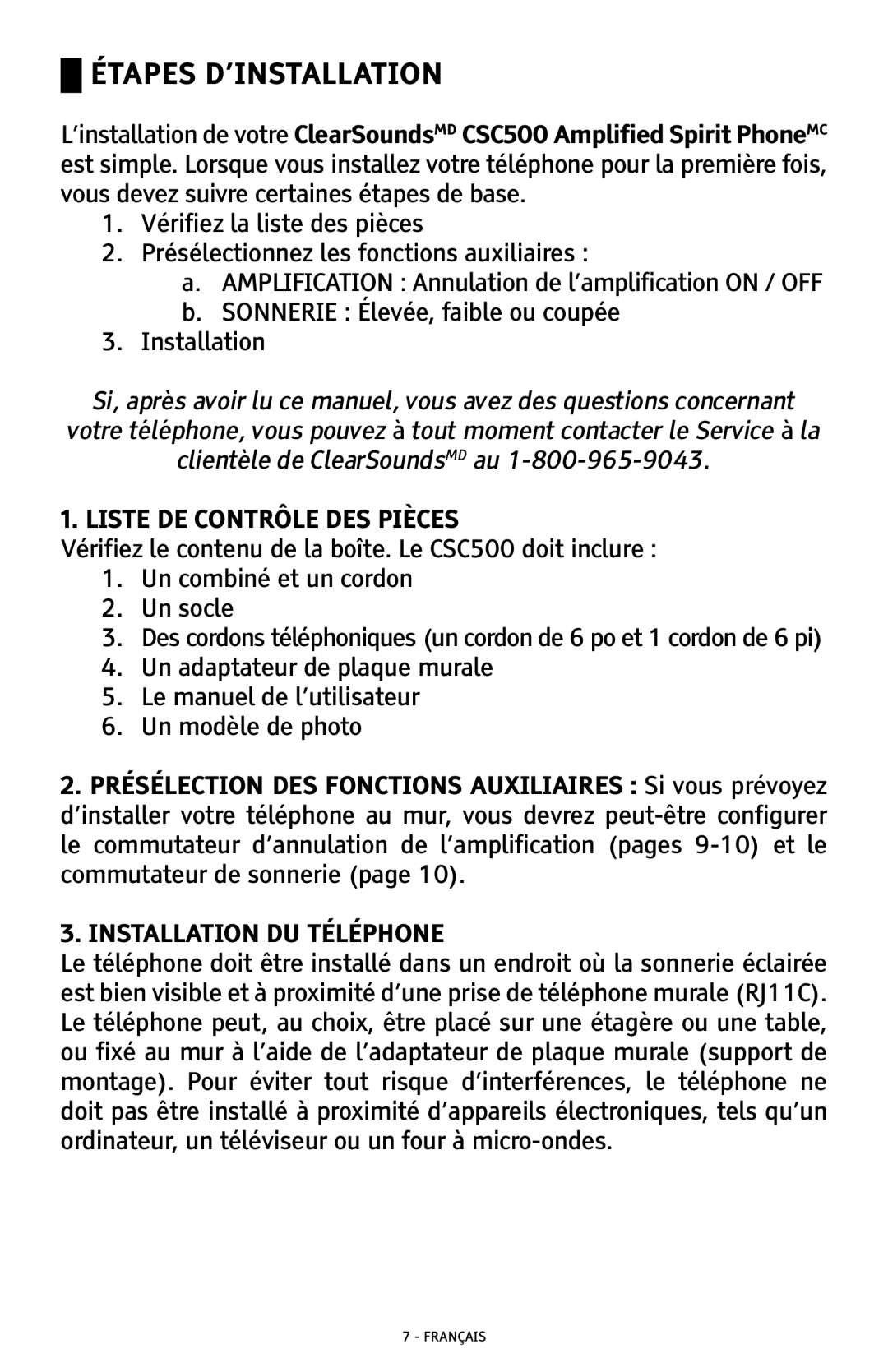 ClearSounds CSC500 manual Étapes D’INSTALLATION 