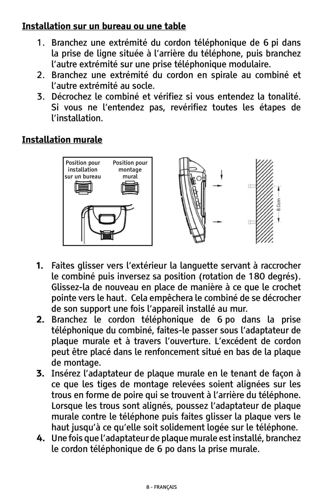 ClearSounds CSC500 manual Installation sur un bureau ou une table, Installation murale 