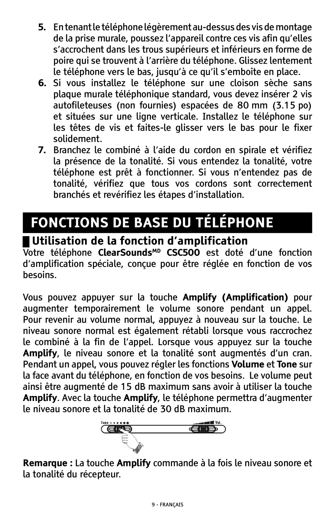 ClearSounds CSC500 manual Fonctions DE Base DU Téléphone, Utilisation de la fonction d’amplification 