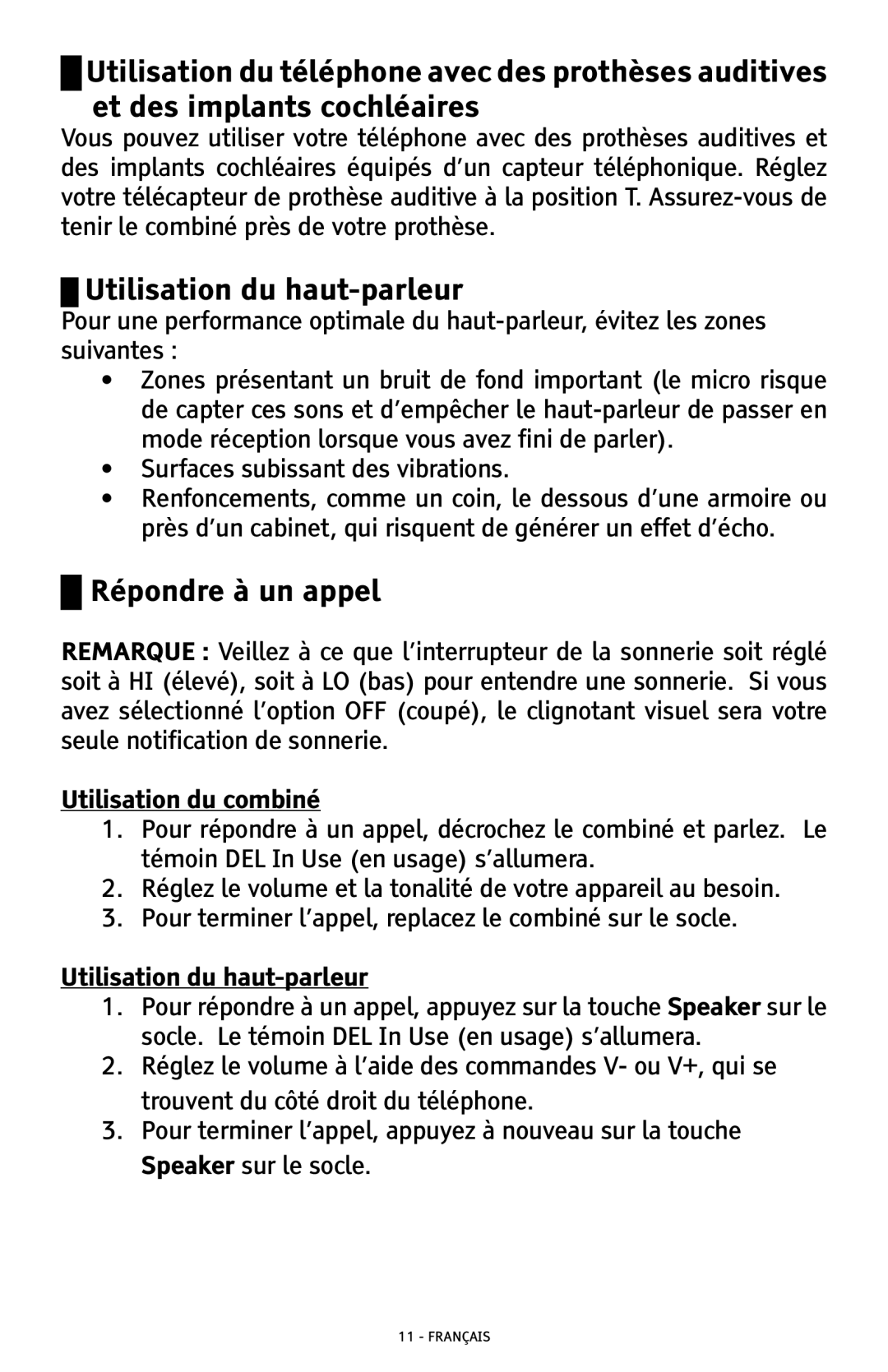 ClearSounds CSC500 manual Utilisation du haut-parleur, Répondre à un appel, Utilisation du combiné 