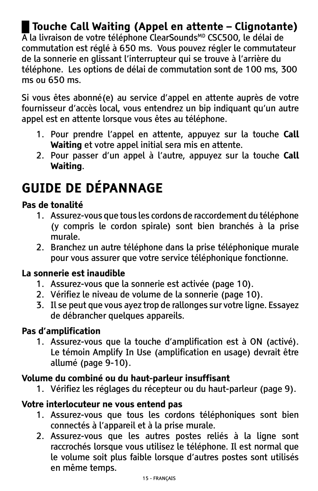 ClearSounds CSC500 manual Guide DE Dépannage, Touche Call Waiting Appel en attente Clignotante 