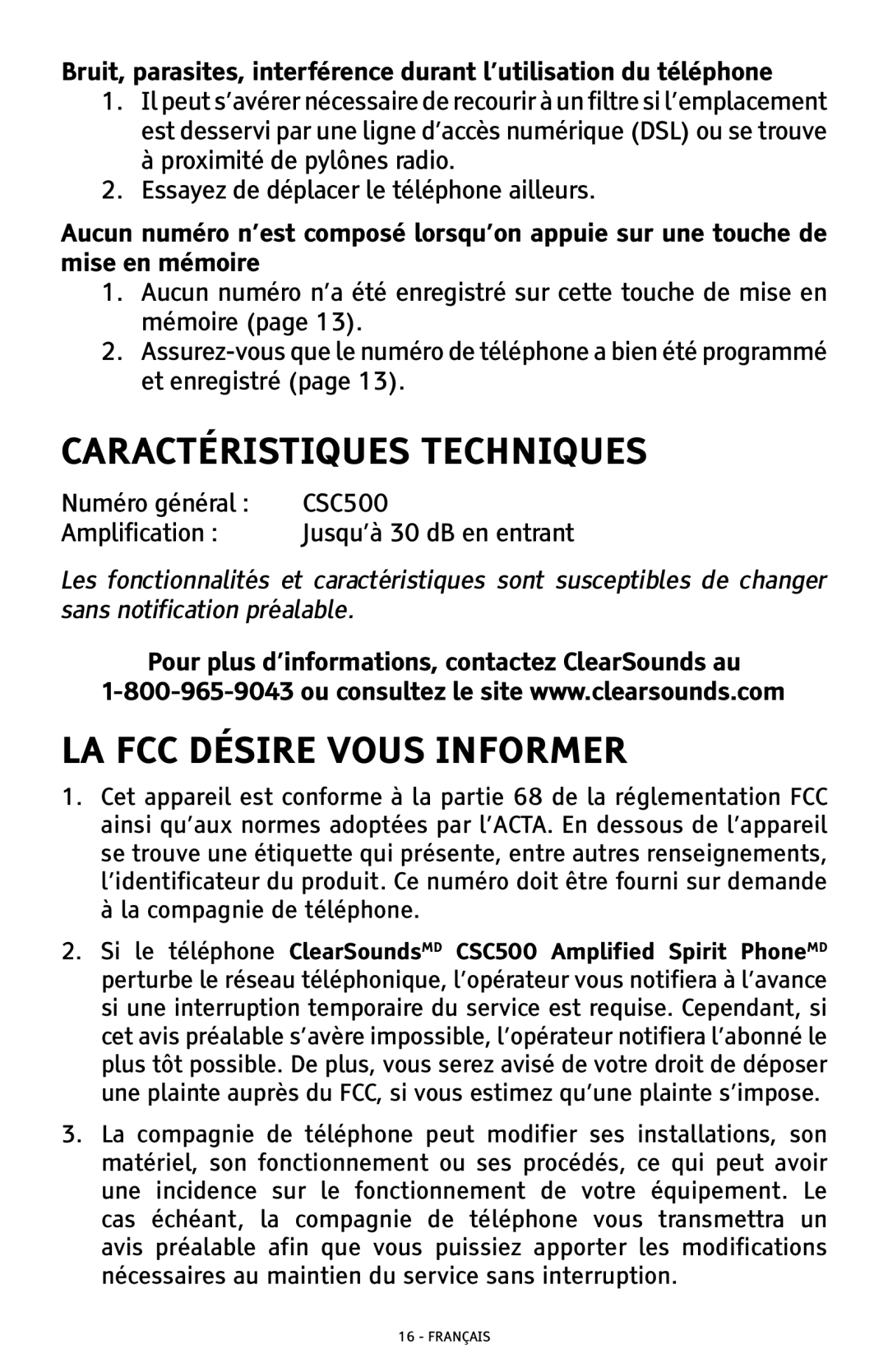 ClearSounds CSC500 manual Caractéristiques Techniques, LA FCC Désire Vous Informer 