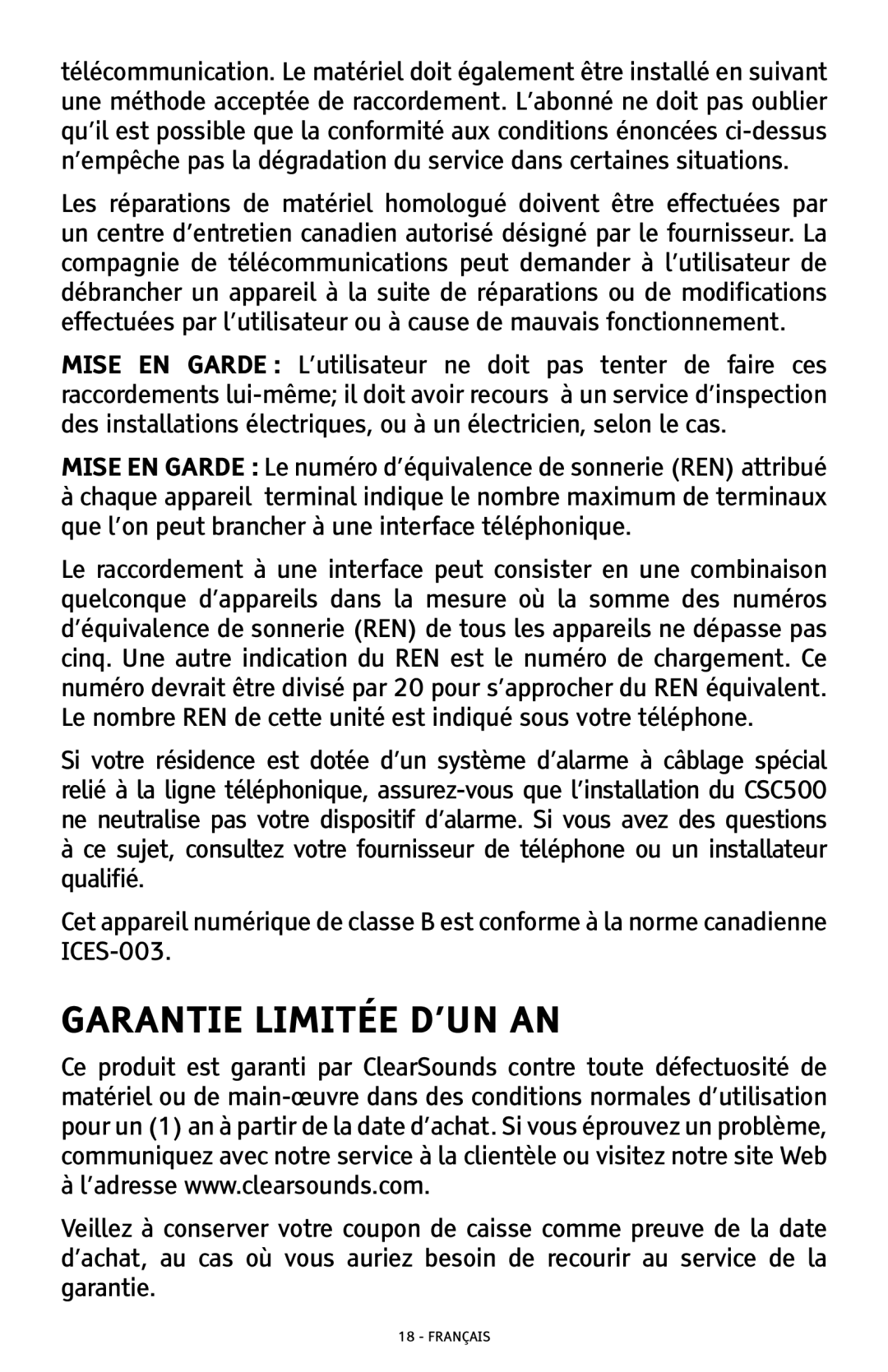 ClearSounds CSC500 manual Garantie Limitée D’UN AN 