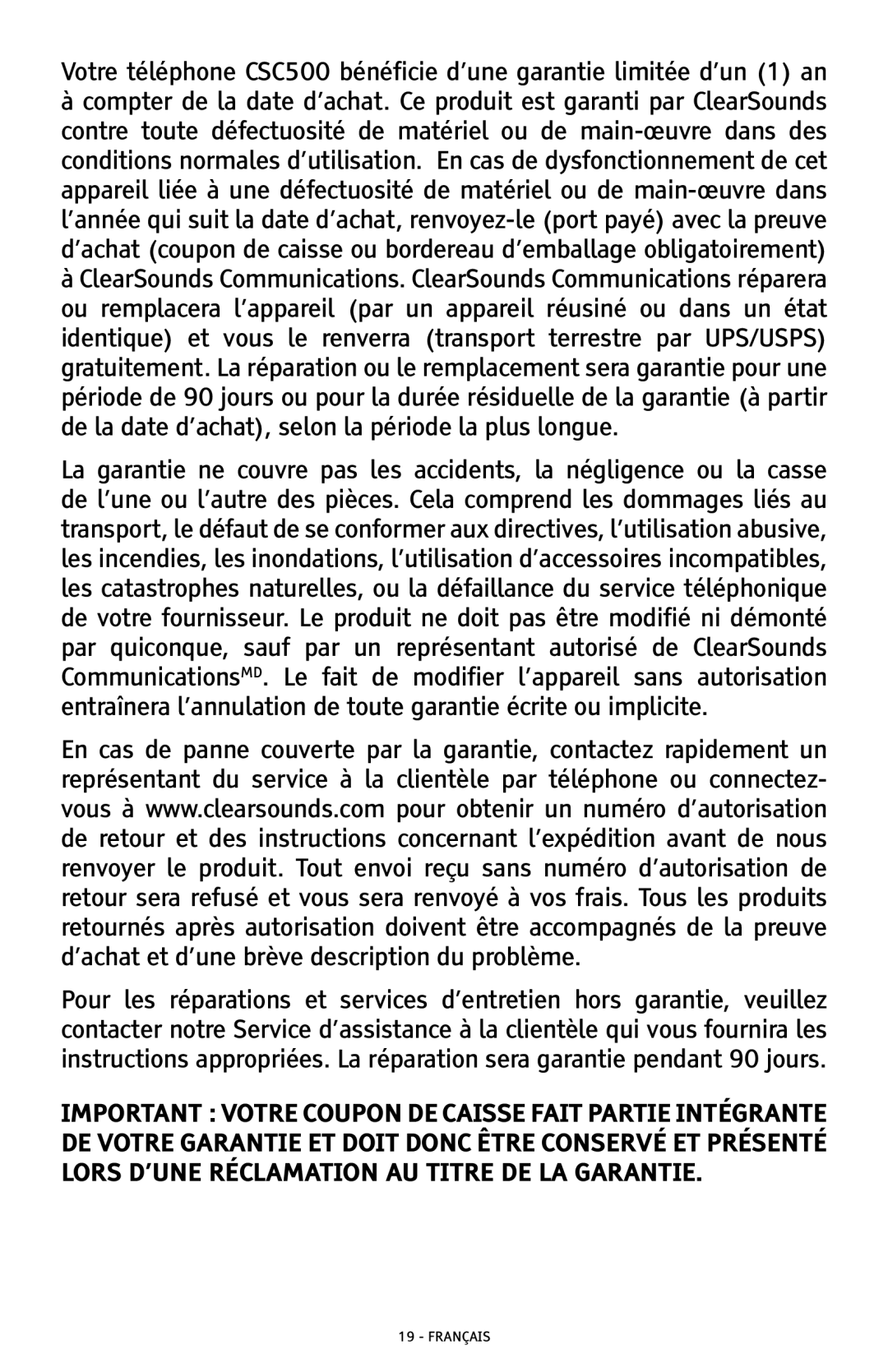 ClearSounds CSC500 manual Français 