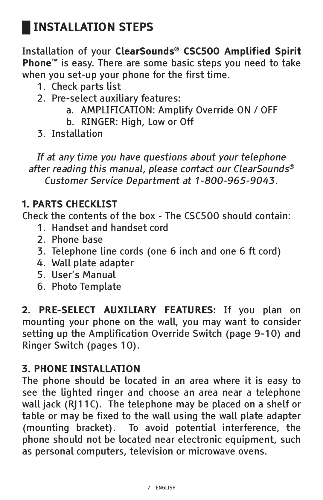 ClearSounds CSC500 manual Installation Steps 