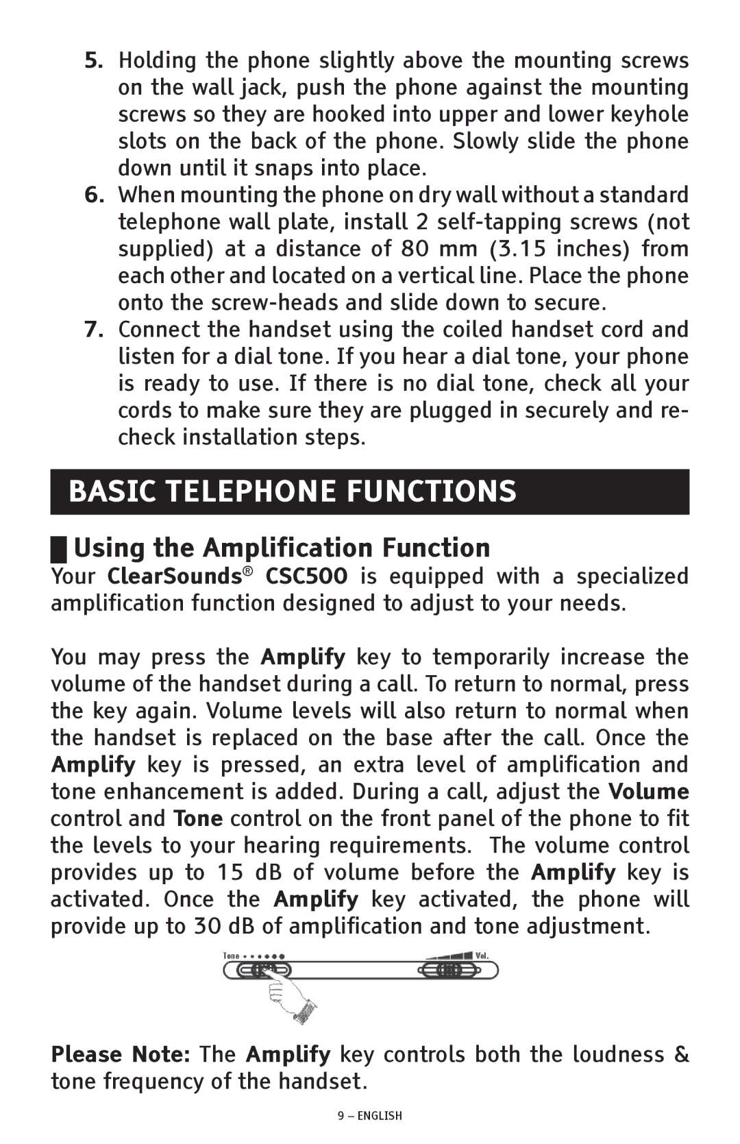 ClearSounds CSC500 manual Basic Telephone Functions, Using the Amplification Function 