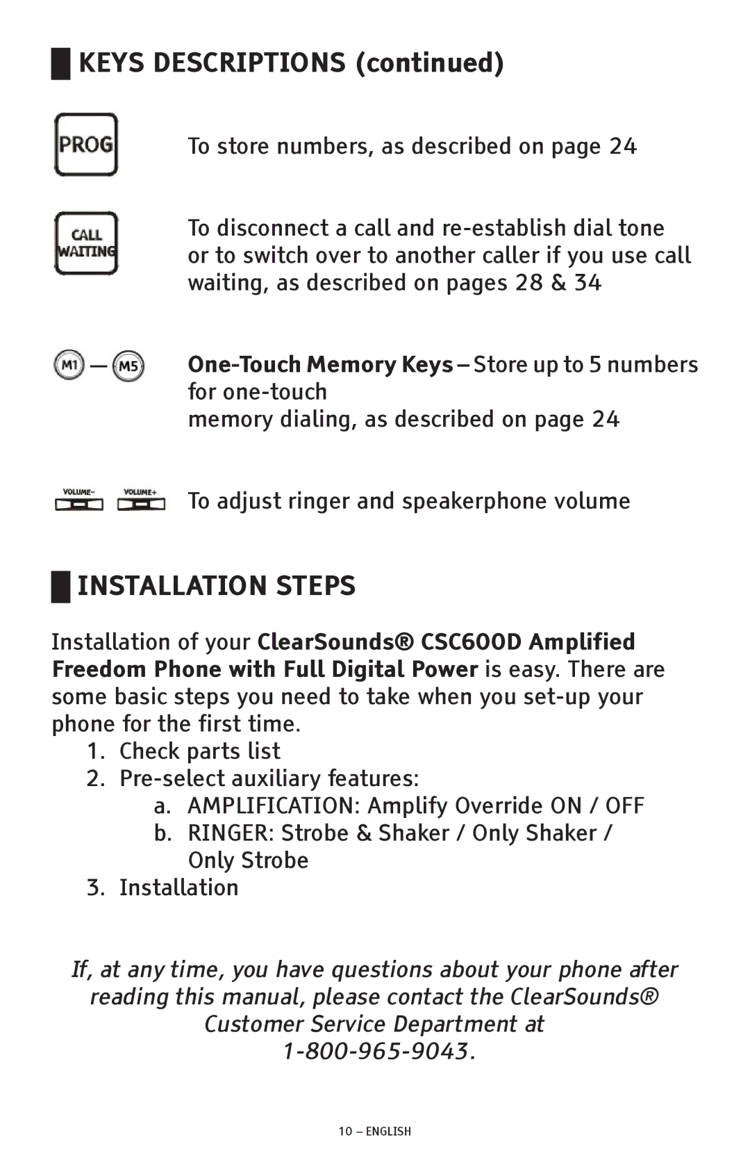 ClearSounds CSC600D manual Keys Descriptions, Installation Steps 