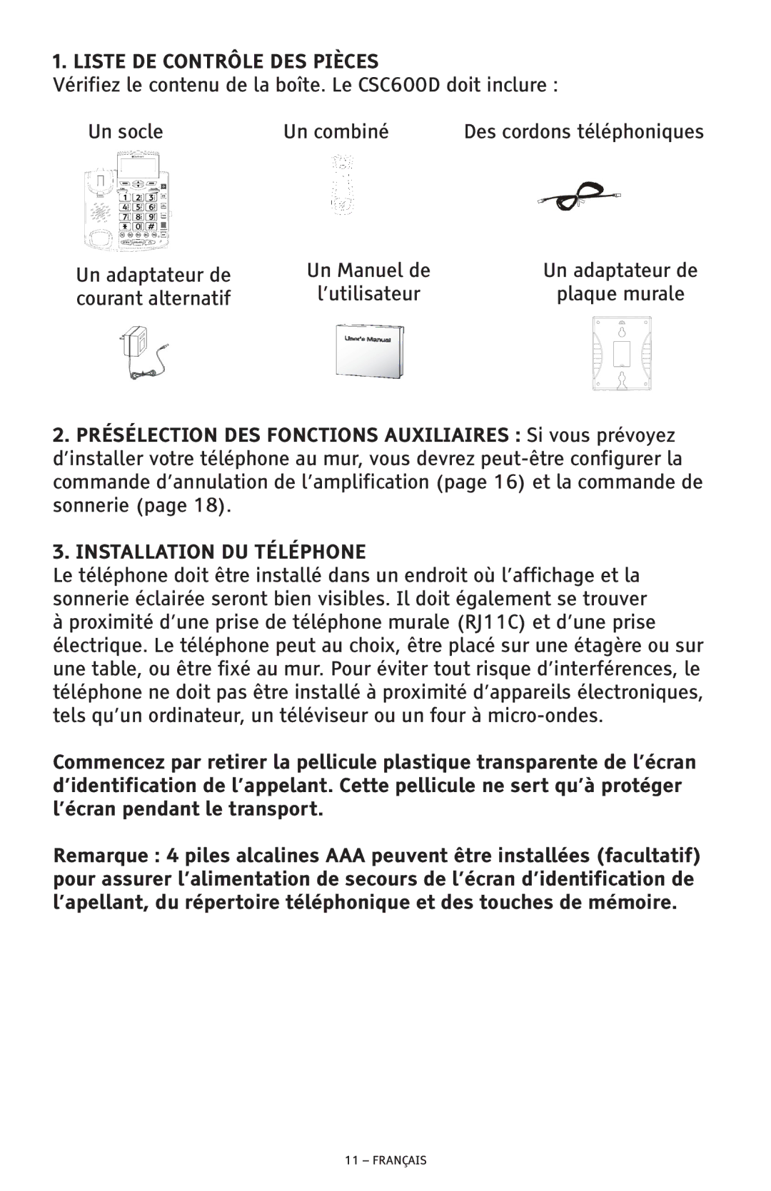 ClearSounds CSC600D manual Liste DE Contrôle DES Pièces 