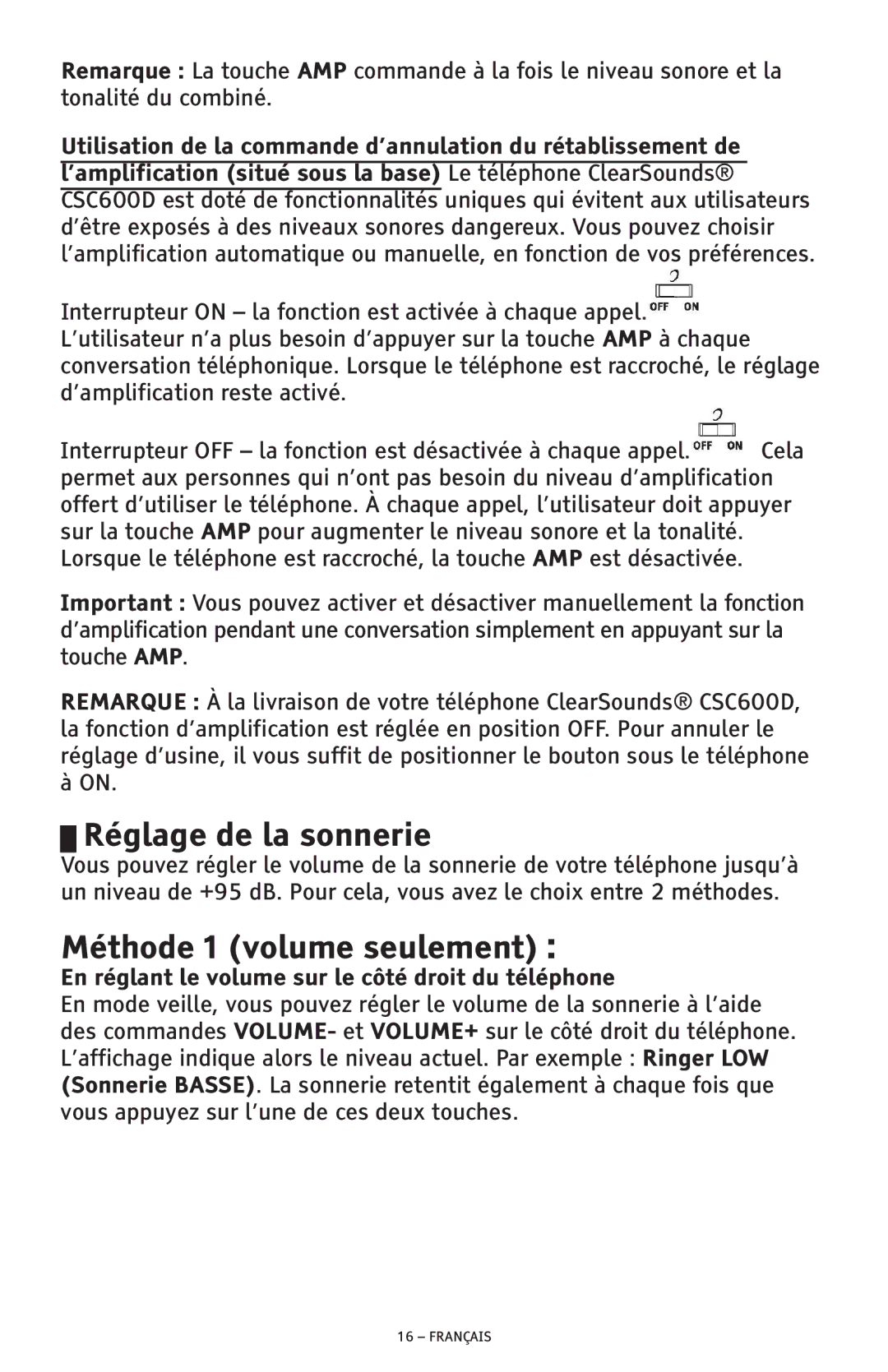 ClearSounds CSC600D manual Réglage de la sonnerie, Méthode 1 volume seulement  