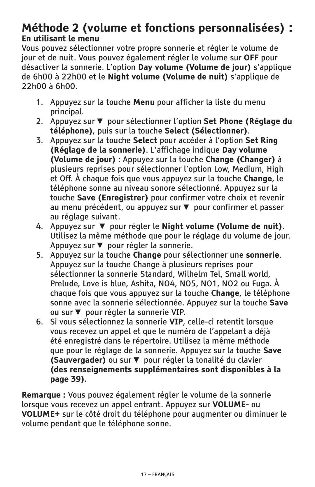 ClearSounds CSC600D manual Méthode 2 volume et fonctions personnalisées , En utilisant le menu 