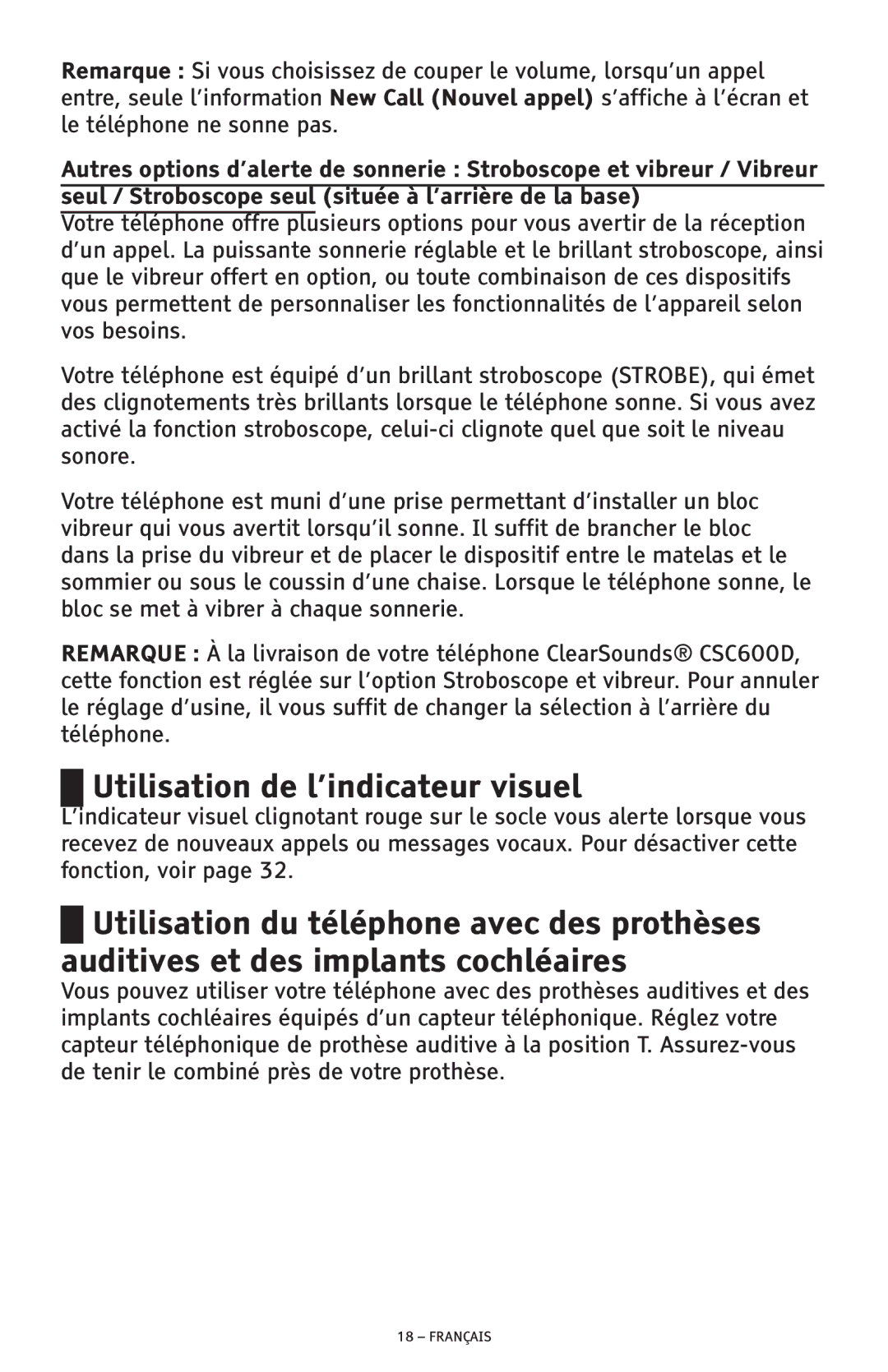 ClearSounds CSC600D manual Utilisation de l’indicateur visuel 