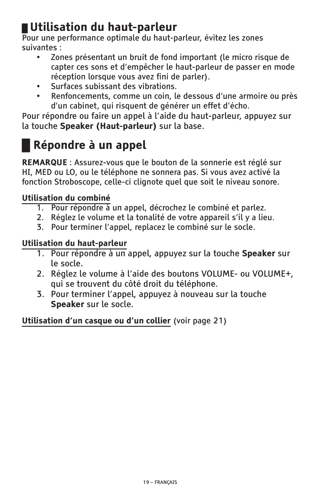 ClearSounds CSC600D manual Utilisation du haut-parleur, Répondre à un appel, Utilisation du combiné 