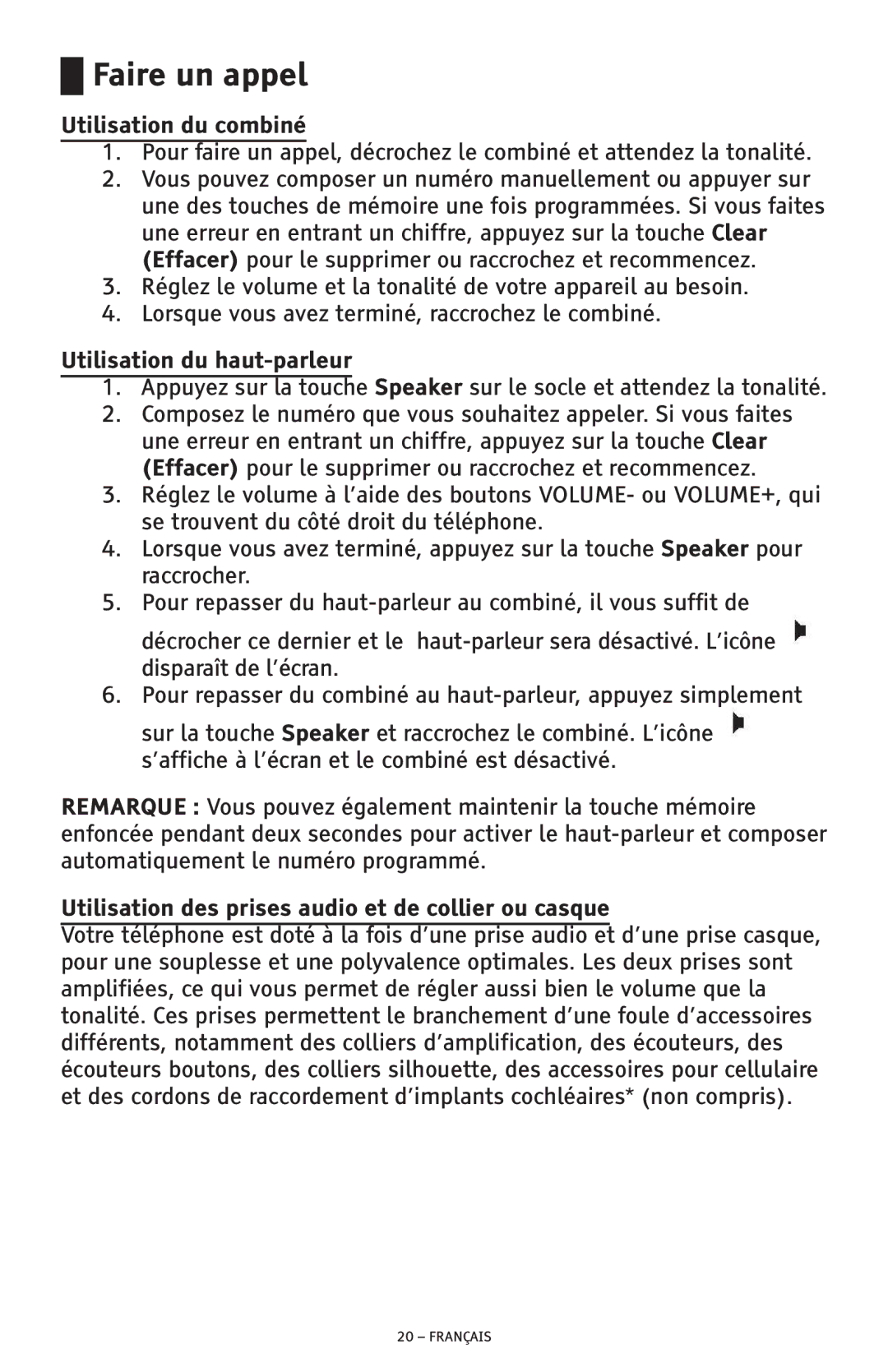 ClearSounds CSC600D manual Faire un appel, Utilisation des prises audio et de collier ou casque 