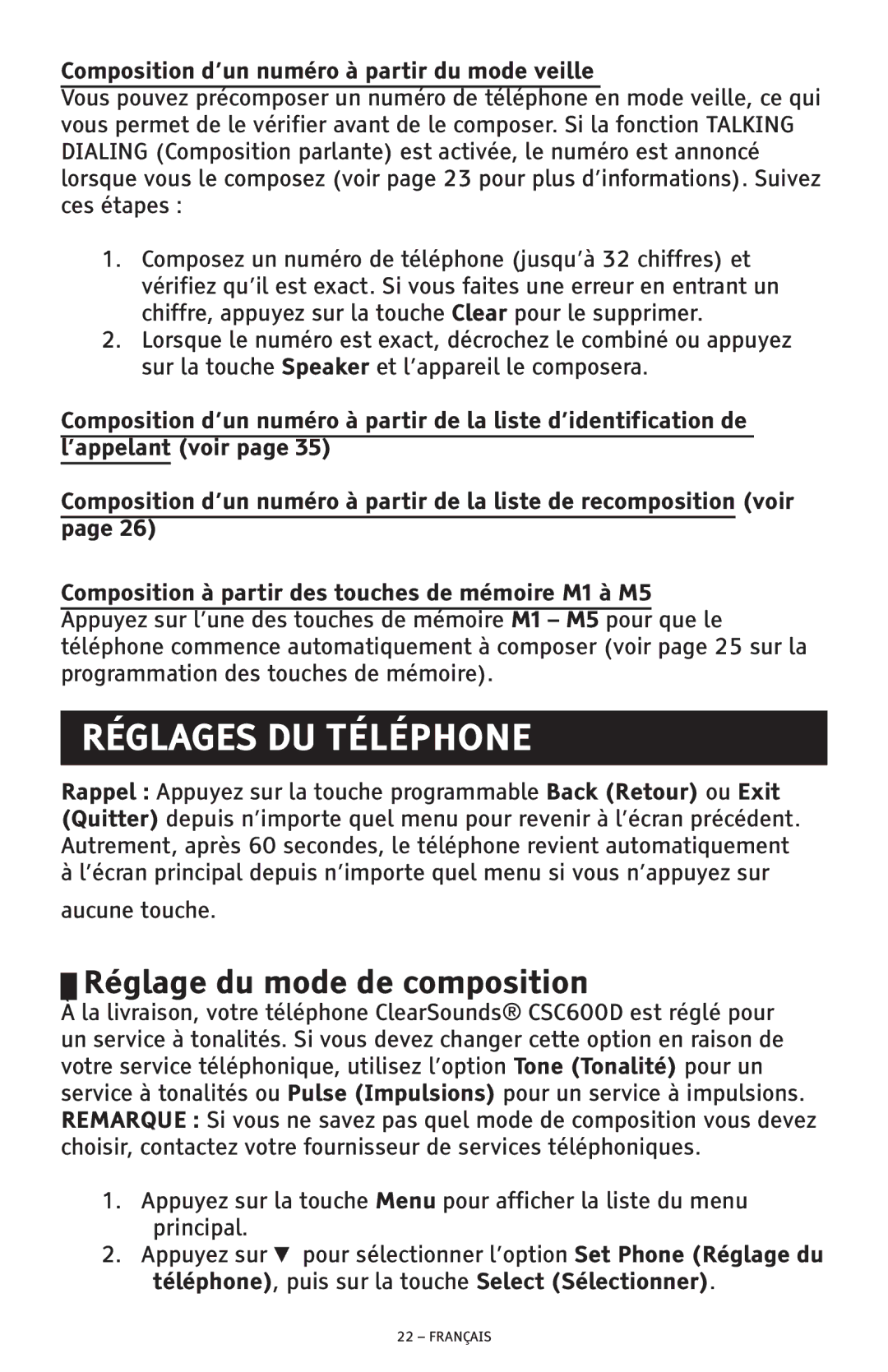 ClearSounds CSC600D Réglages DU Téléphone, Réglage du mode de composition, Composition d’un numéro à partir du mode veille 