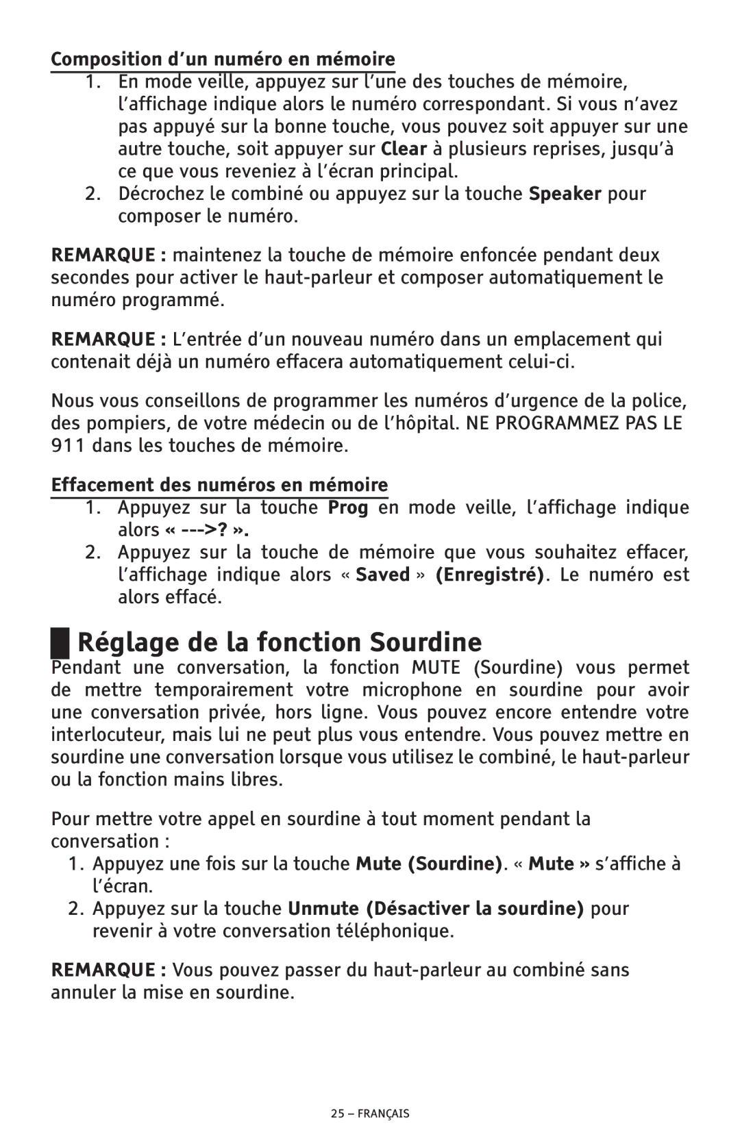 ClearSounds CSC600D Réglage de la fonction Sourdine, Composition d’un numéro en mémoire, Effacement des numéros en mémoire 