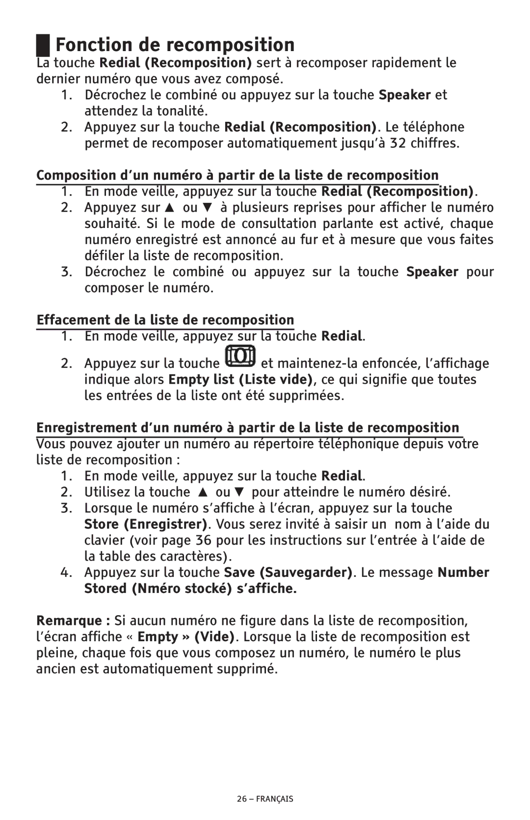 ClearSounds CSC600D Fonction de recomposition, Effacement de la liste de recomposition, Stored Nméro stocké s’affiche 