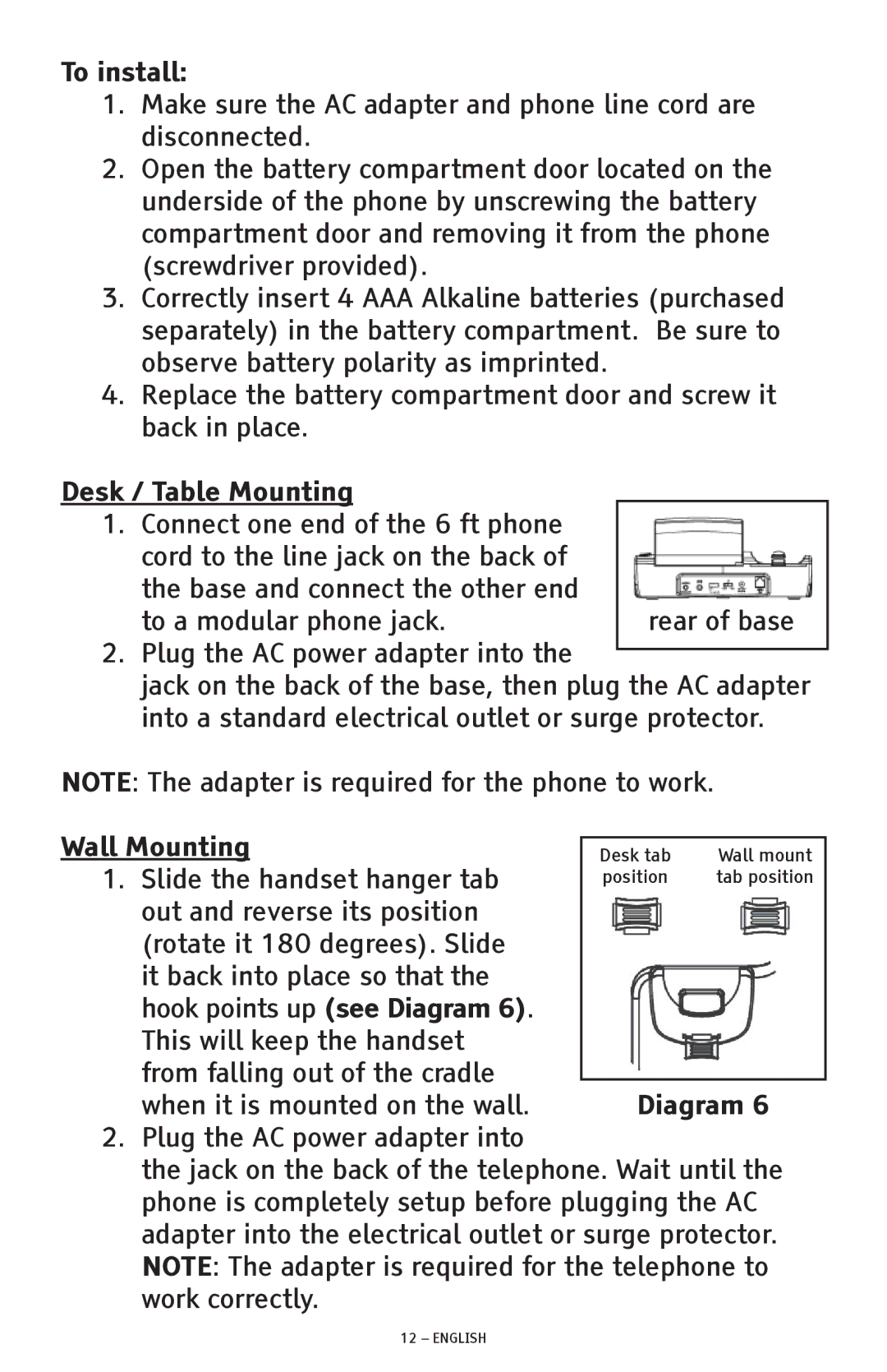 ClearSounds CSC600D manual To install, Desk / Table Mounting, Wall Mounting, Diagram 