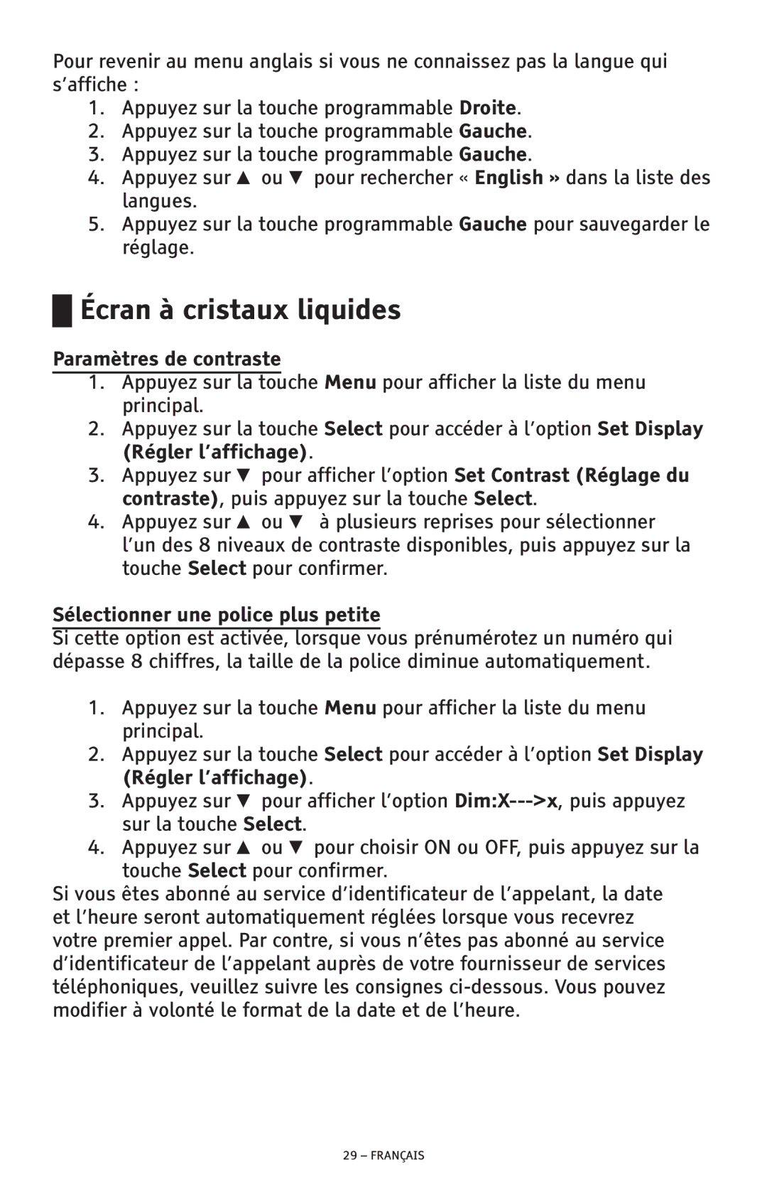 ClearSounds CSC600D manual Écran à cristaux liquides, Paramètres de contraste, Sélectionner une police plus petite 