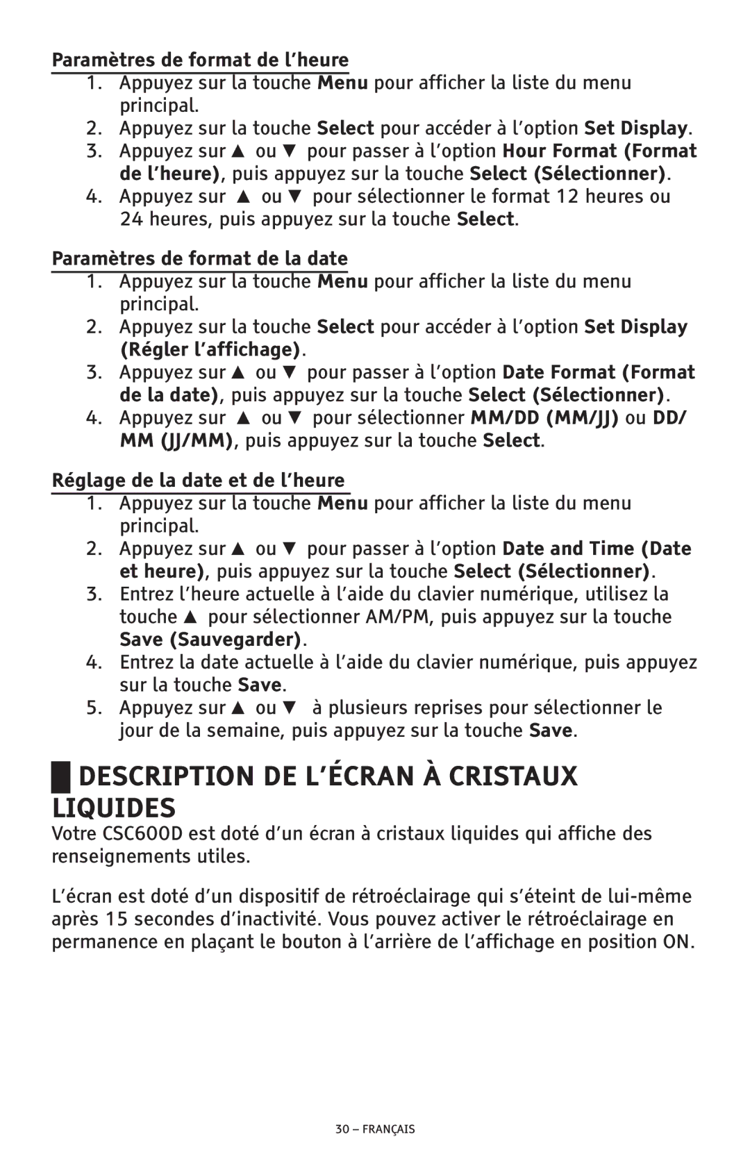 ClearSounds CSC600D Paramètres de format de l’heure, Paramètres de format de la date, Réglage de la date et de l’heure 