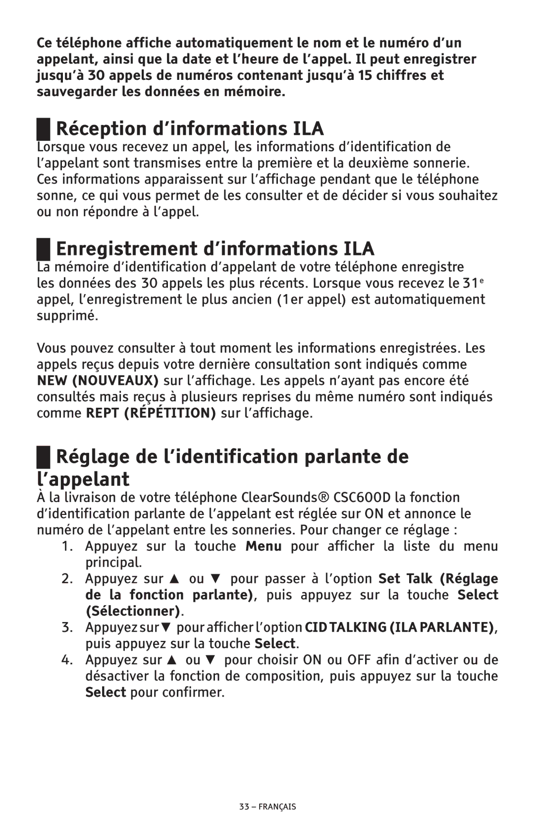 ClearSounds CSC600D manual Réception d’informations ILA, Enregistrement d’informations ILA 